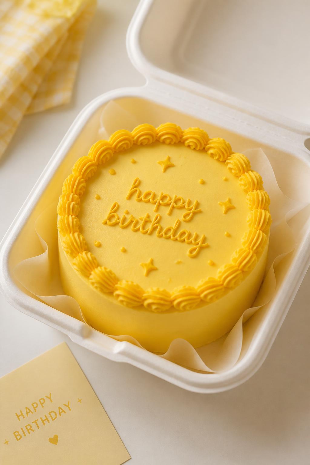 Image Prompt:
A creative monochrome yellow birthday bento cake inside an open white cake box, smooth yellow frosting, darker yellow piped border, yellow handwritten birthday text, tiny yellow heart and star details, modern tone-on-tone styling, bright clean backdrop, realistic editorial dessert photography, no people, no hands, no faces, no watermarks on images