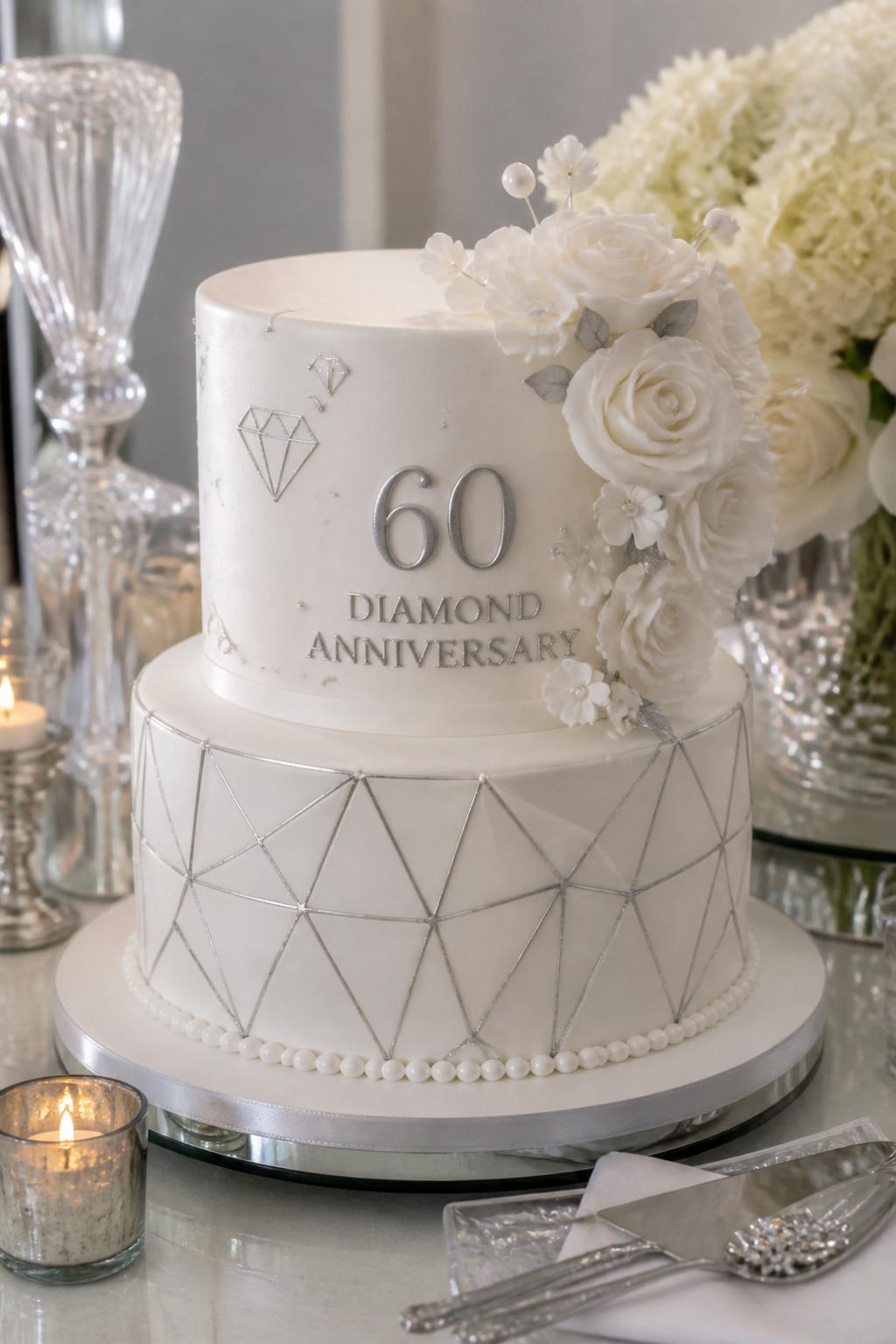Image Prompt: A modern diamond anniversary cake with smooth white fondant, subtle silver geometric diamond shapes, clean edges, pearl accents, and a cluster of white sugar flowers. Style it on a sleek dessert table with glass decor, candles, silver cutlery, and soft neutral flowers. Make it modern, elegant, and realistic, no people, no faces, no watermark. (no watermarks on images)