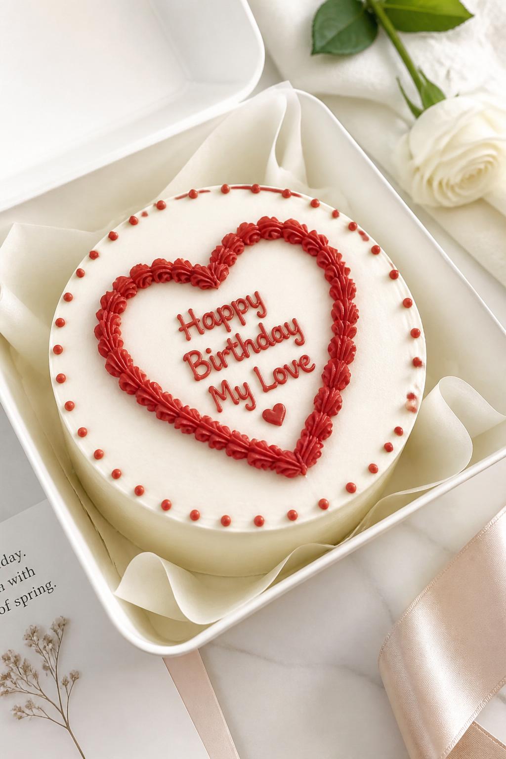 Image Prompt:
A small bento birthday cake with smooth white frosting, a piped heart frame in red icing around the center, handwritten birthday message inside the heart, small dot border, white cake box, romantic clean styling, soft bright light, realistic editorial dessert photo, no people, no hands, no faces, no watermarks on images