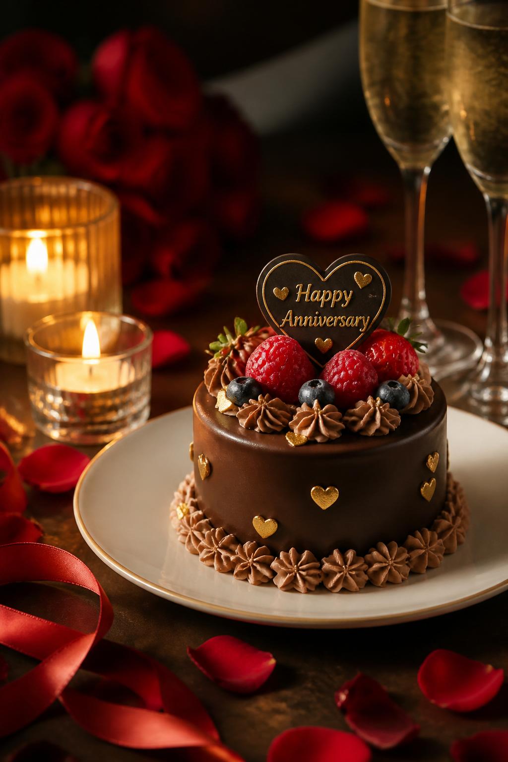Image Prompt: A small mini chocolate anniversary cake with smooth chocolate ganache, tiny cream piping, gold heart accents, fresh berries, and a small romantic topper. Place it on a dessert plate with candles, rose petals, satin ribbon, and champagne glasses softly blurred in the background. Make it intimate, sweet, and realistic, no people, no faces, no watermark. (no watermarks on images)