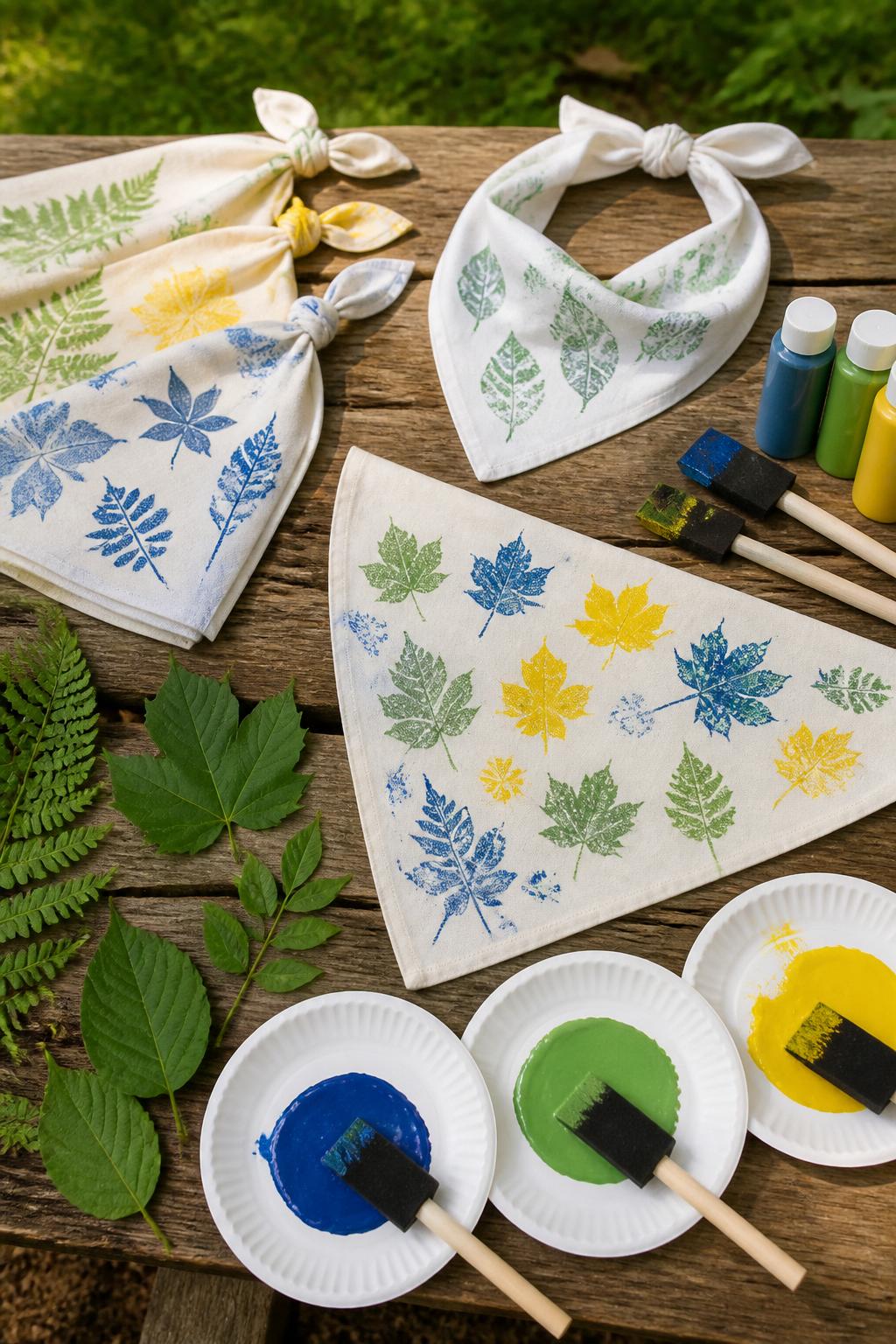 Detailed Image Prompt:
A stylish camp craft photo showing leaf print bandanas, plain cotton bandanas stamped with green, yellow, and blue leaf prints, real leaves, fabric paint, foam brushes, and paper plates arranged on a wooden outdoor table, fresh nature camp aesthetic, no people wearing them, no faces, no readable text, no watermark on images.