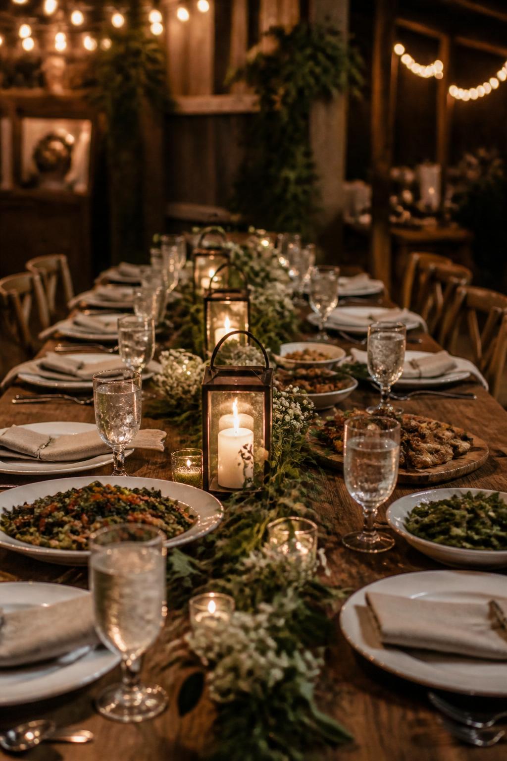 Image Prompt:
A charming family style wedding dinner table featuring low candle lanterns, small white flowers, greenery, shared platters, linen napkins, white plates, and clear glassware. Rustic barn or outdoor evening wedding reception setting, warm lighting, no visible faces, no text, no watermark, realistic editorial wedding photography, (no watermarks on images)