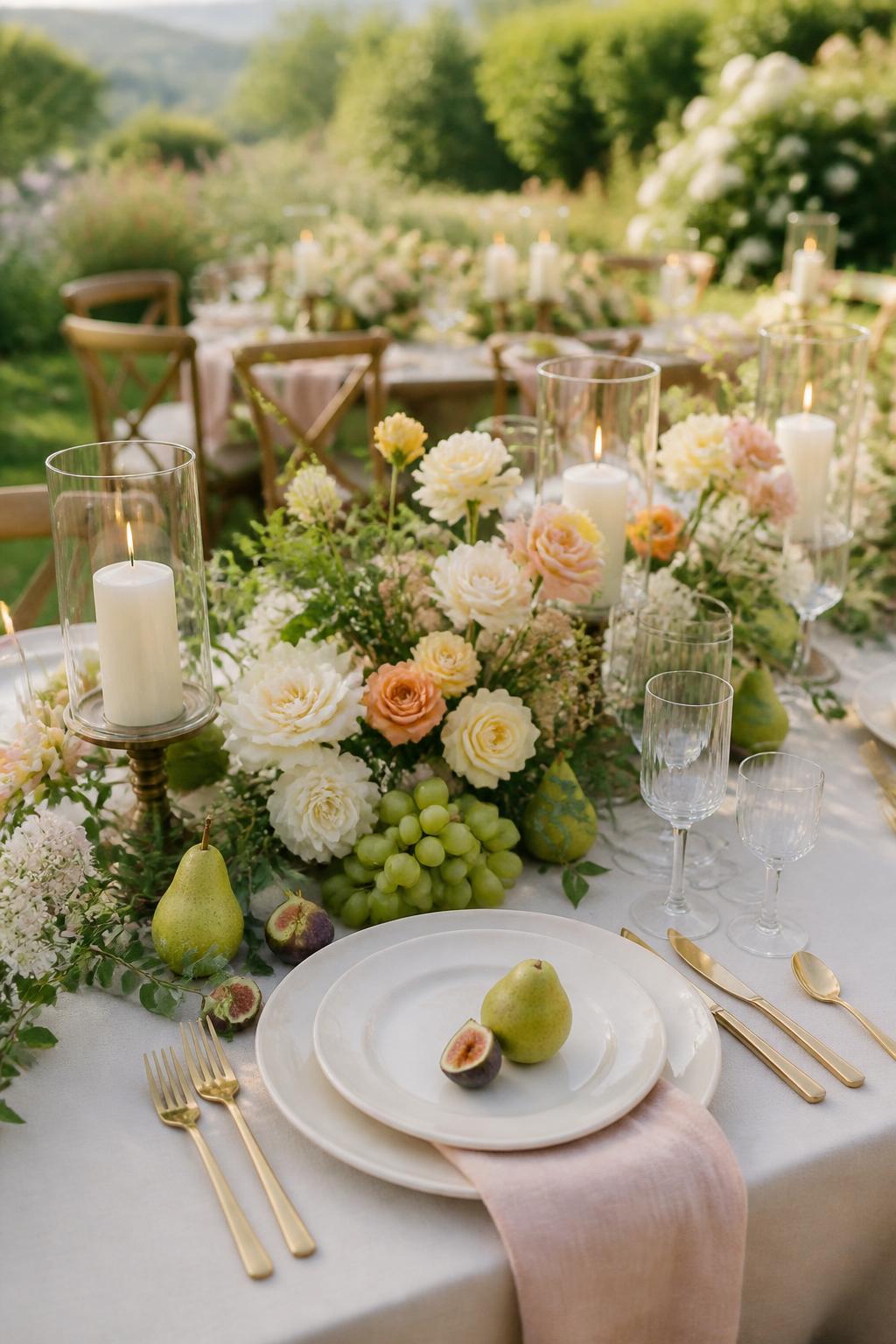 Image Prompt:
A romantic garden wedding table styled with soft floral arrangements, greenery, pears, figs, grapes, ivory candles, ceramic plates, linen napkins, and clear glassware. Use flowers in white, blush, soft peach, and pale yellow tones. Vineyard or garden reception setting with soft natural light, no visible faces, no text, no watermark, realistic editorial photography, (no watermarks on images)