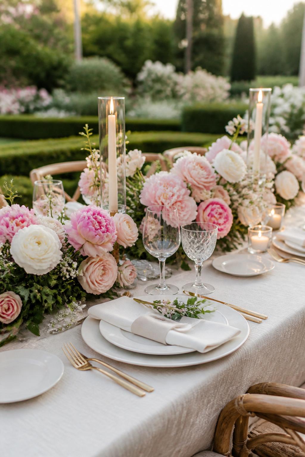 A romantic garden wedding table styled with pink and white flowers, including roses, peonies, ranunculus, and soft greenery. Add ivory linen, white plates, gold flatware, crystal glasses, and soft candlelight in an outdoor garden reception setting. No visible faces, no text, no watermark, realistic editorial wedding photography, (no watermarks on images)