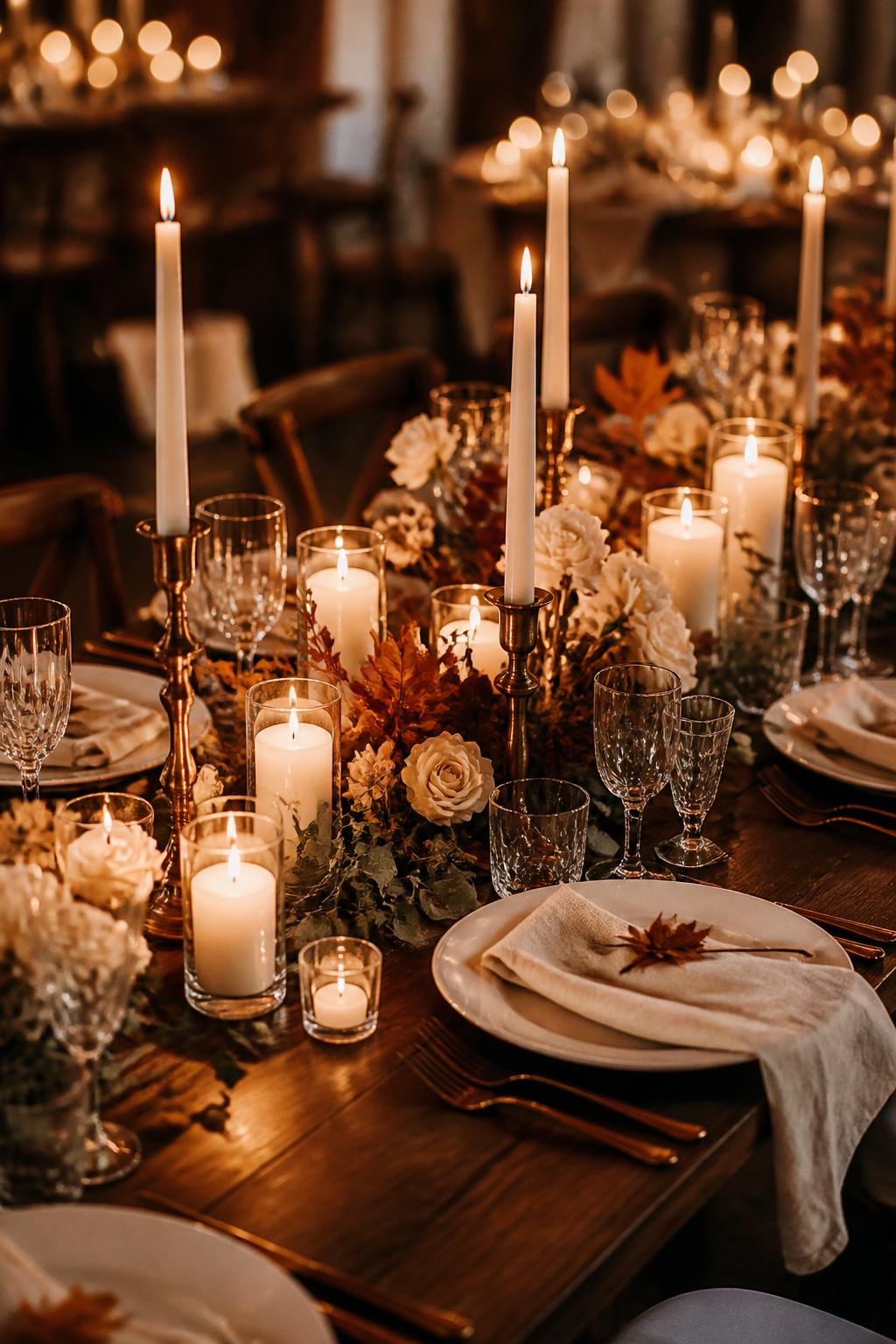 Image Prompt:
A romantic autumn wedding table decorated with clustered candles in mixed heights, including taper candles, votives, and pillar candles, paired with fall greenery, ivory flowers, white plates, linen napkins, and clear crystal glasses. Warm evening reception setting, no visible faces, no text, no watermark, realistic DSLR wedding photography, (no watermarks on images)