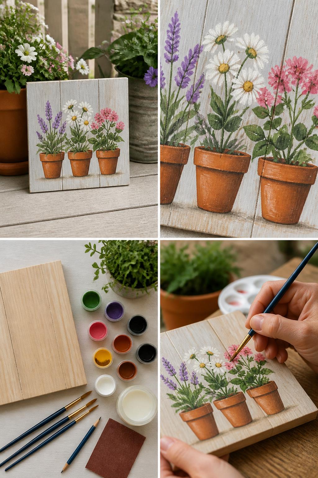 Detailed Image Prompt:
A realistic editorial 2x2 collage grid showing a mini flower pot wooden summer sign, top-left finished small wood sign with painted terracotta pots, colorful flowers, and green leaves displayed beside real porch planters, top-right close-up of painted flower petals and pot details, bottom-left flat lay of wood board, outdoor paint, fine brushes, pencil, sandpaper, plant reference, and sealer, bottom-right cropped hands painting tiny flowers above a terracotta pot shape, sunny porch garden craft setting, no faces, no text, no watermark on images.