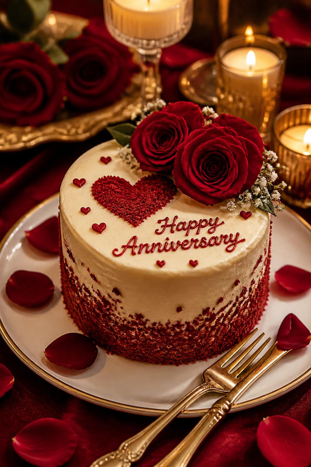 Image Prompt: A romantic red velvet anniversary mini cake with cream cheese frosting, red crumb heart accents, tiny piped hearts, and a small cluster of red roses on top. Style it on a dessert plate with rose petals, gold dessert cutlery, candles, and warm romantic lighting. Make it rich, sweet, and realistic, no people, no faces, no watermark. (no watermarks on images)