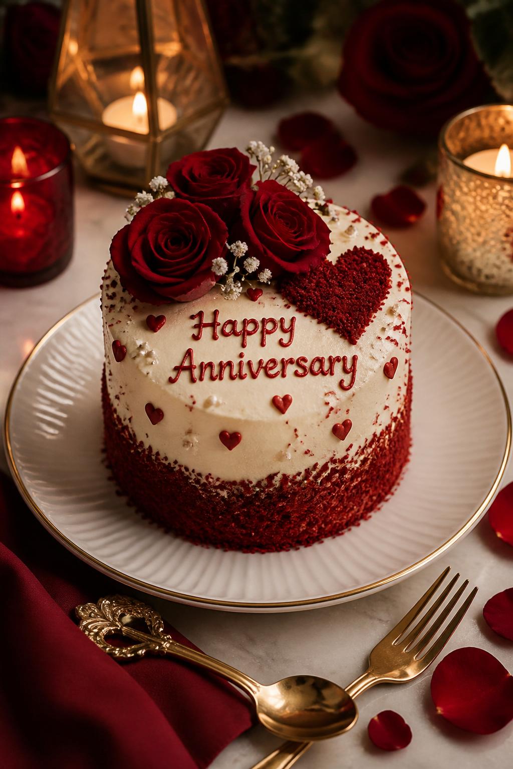 Image Prompt: A mini red velvet anniversary cake with cream cheese frosting, red crumb heart accents, tiny piped hearts, and a small cluster of red roses on top. Style it on a romantic dessert plate with candles, rose petals, and gold dessert cutlery. Make it rich, sweet, and realistic, no people, no faces, no watermark. (no watermarks on images)