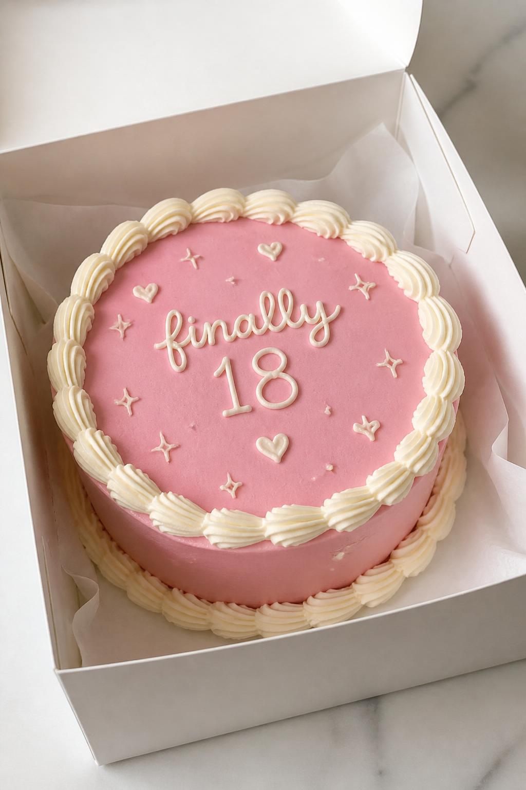 Image Prompt:
A trendy 18th birthday bento cake inside an open white cake box, smooth pastel pink frosting, bold white piped border, handwritten icing text reading “finally 18,” tiny heart and sparkle details, playful modern birthday styling, bright editorial lighting, realistic bakery photography, no people, no hands, no faces, no watermarks on images