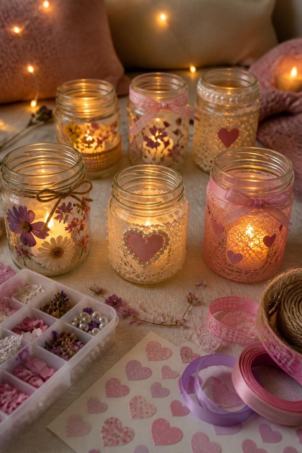 Detailed Image Prompt:
A cozy girls’ night craft photo showing decorated friendship candle jars, small glass jars wrapped with lace, ribbon, pressed flowers, heart stickers, twine, and pearl accents, safe battery tea lights inside, arranged on a soft linen table with craft supplies nearby, warm sleepover craft atmosphere, no people, no faces, no readable text, no watermark on images.