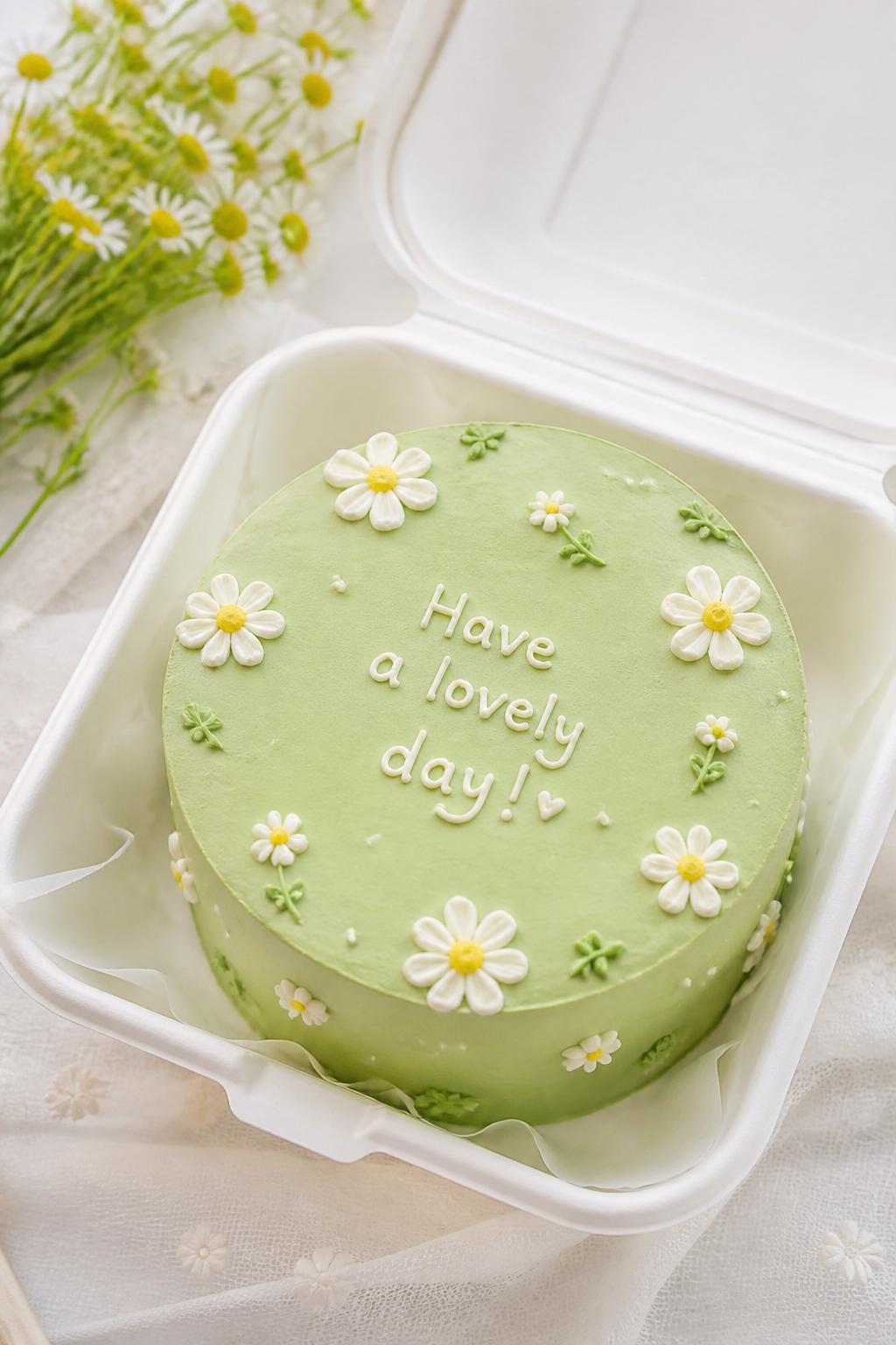 Image Prompt:
A fresh daisy themed green bento cake inside an open white cake box, smooth pastel green frosting, tiny white daisy flowers with yellow centers piped on top and around the edges, cute handwritten message, soft spring-inspired styling, bright natural light, realistic bakery photo, no people, no hands, no faces, no watermarks on images