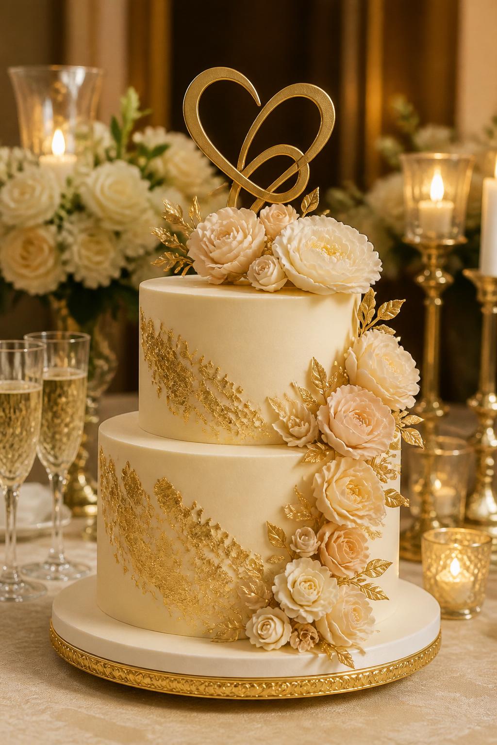 Image Prompt: A luxurious milestone anniversary cake for parents with smooth cream fondant, edible gold leaf details, soft sugar flowers, and an elegant gold topper. Style it on a formal dessert table with gold candle holders, champagne flutes, white roses, and warm ambient lighting. Make it look rich, celebratory, and realistic, no people, no faces, no text overlay, no watermark. (no watermarks on images)
