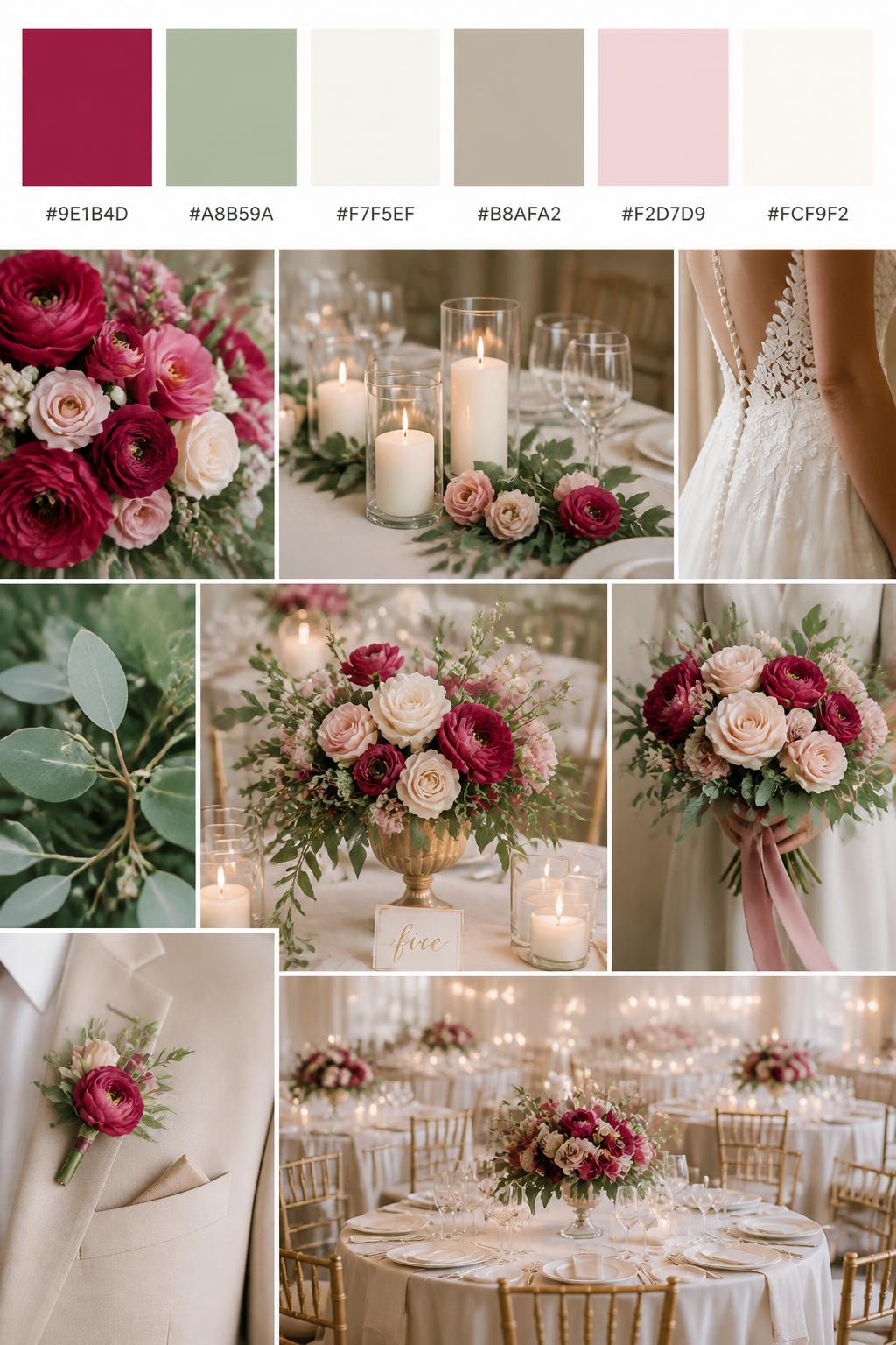 Image Prompt:
A realistic wedding palette board featuring a top row of color swatches and hex codes in raspberry, sage green, ivory, warm taupe, pale blush, and soft cream. Below, show a polished collage of wedding visuals: raspberry flowers, sage greenery, ivory candles, elegant centerpieces, cropped dress detail shots, bouquet styling in hands-only composition, and no-people reception tables glowing in soft light. Avoid showing faces by using back angles, side crops, waist-up detail framing, and no-people scenes. The collage should feel romantic, fresh, and polished with DSLR-quality detail. 9:16 vertical format. (no watermarks on images)