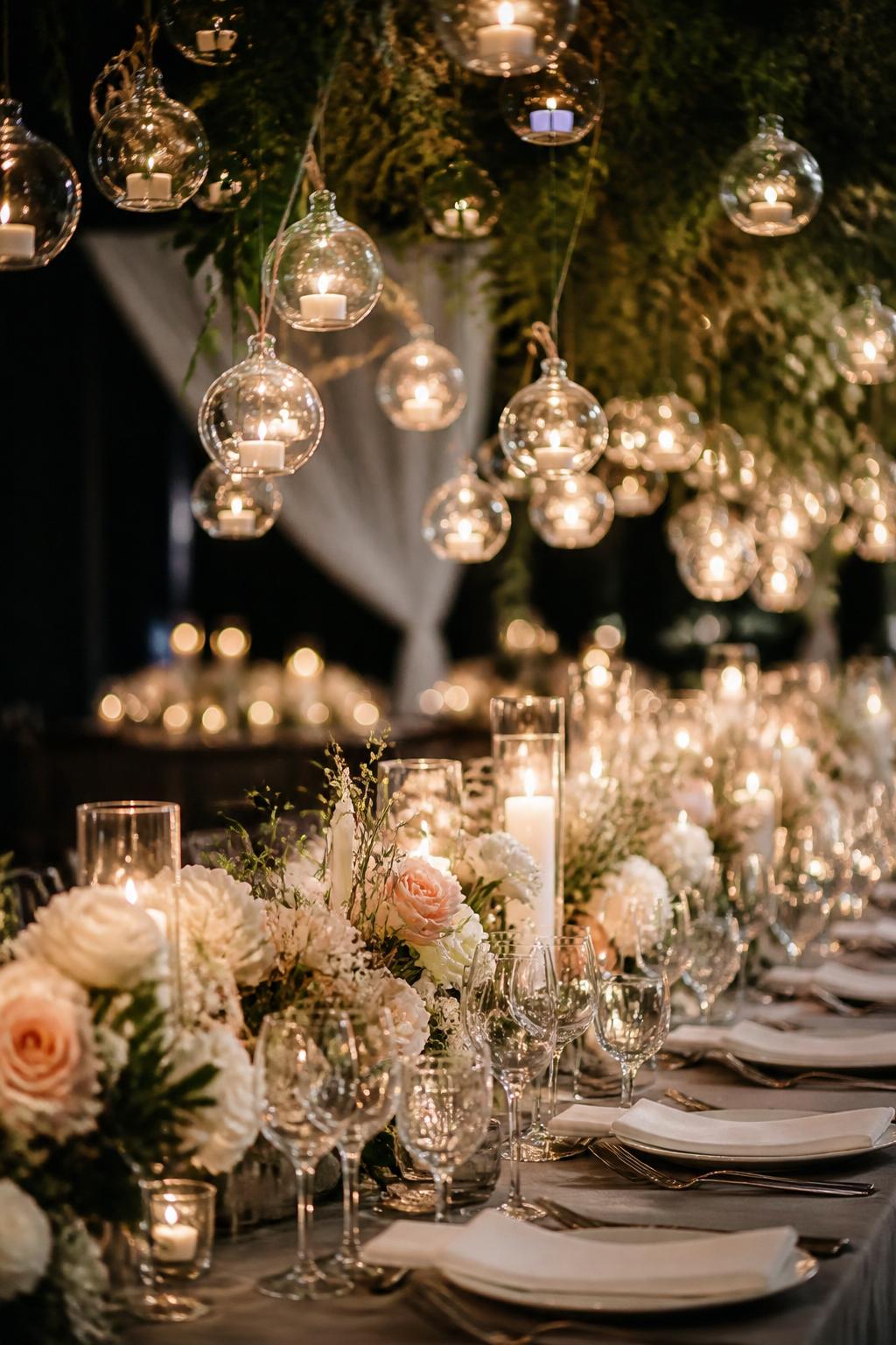 Image Prompt:
A dreamy editorial wedding reception photo showing a long table beneath hanging glass candle holders or lantern-style candle lights, with low flowers, greenery, white plates, crystal glasses, and soft linen below. Romantic indoor or tented reception setting, no visible faces, no full people, table and hanging candle decor focused, no text, no watermark, realistic DSLR wedding photography, (no watermarks on images)