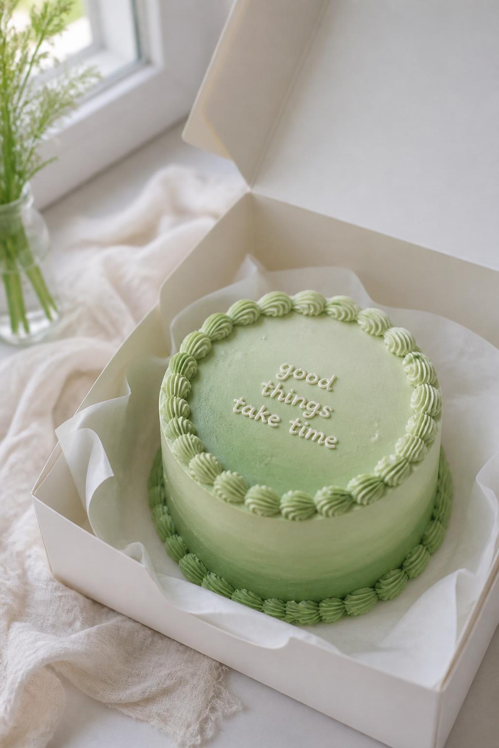 Image Prompt:
A pretty ombre green bento cake in an open white cake box, buttercream frosting that fades from pale mint green to deeper sage green, neat piped border, soft elegant styling, clean dessert setup, natural window light, realistic editorial food photography, no people, no hands, no faces, no watermarks on images