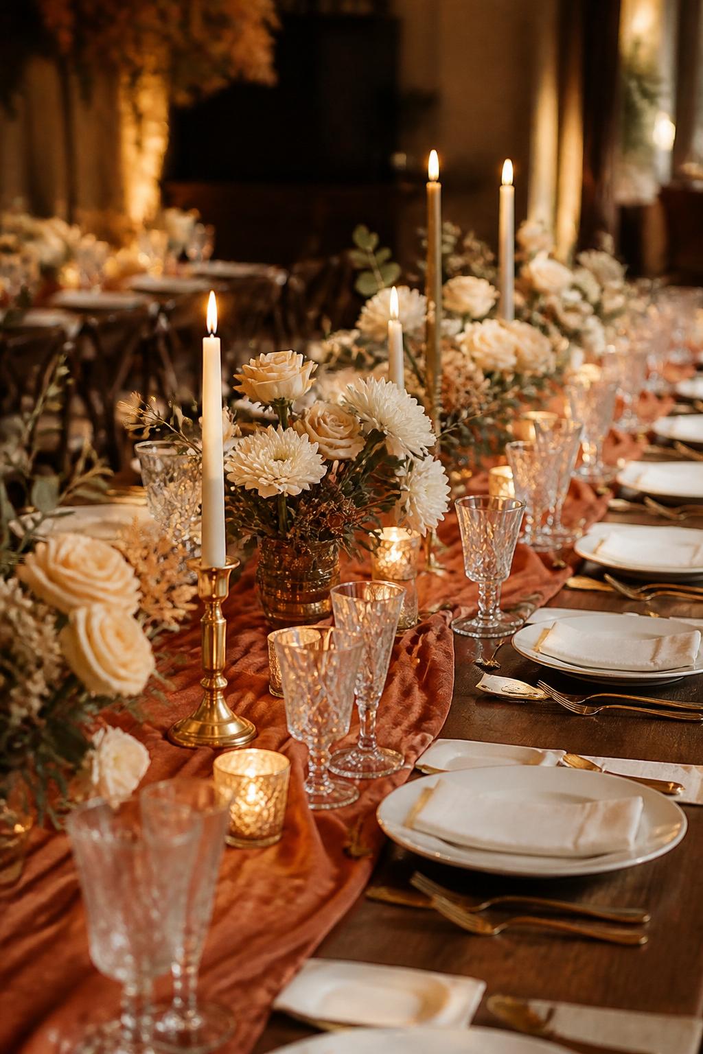 Image Prompt:
A romantic fall wedding table photo showing a long table with a terracotta linen runner, ivory roses, soft white flowers, greenery, gold candle holders, ivory taper candles, white plates, clear crystal glasses, and warm reception lighting. No visible faces, no full people, no text, no watermark, realistic DSLR editorial photography, (no watermarks on images)