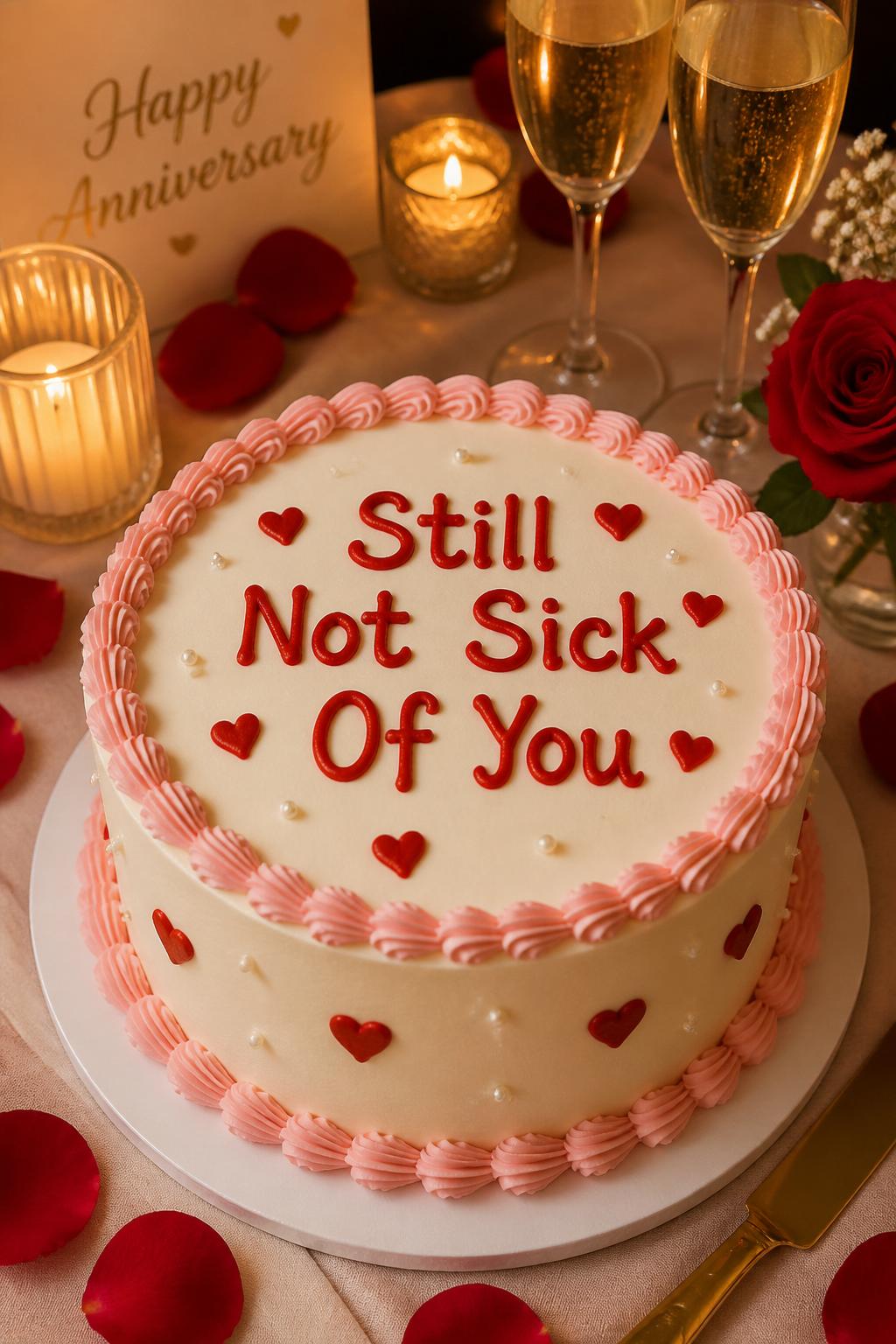 Image Prompt: A funny couple anniversary cake with smooth white buttercream, playful red piped lettering that says “Still Not Sick Of You,” tiny hearts, soft pink borders, and small pearl accents. Style it on a cozy anniversary dessert table with candles, rose petals, champagne glasses, and warm romantic lighting. Make it cute, funny, polished, and realistic, no people, no faces, no watermark. (no watermarks on images)