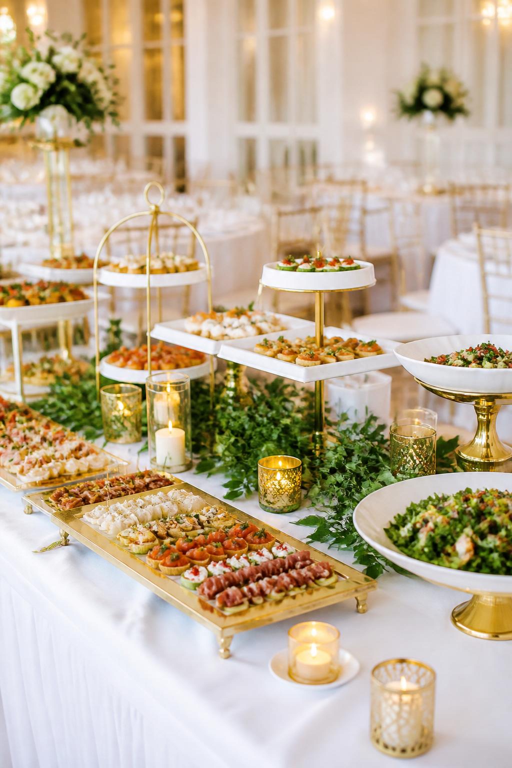 Image Prompt:
A classy wedding buffet table styled with tiered white and gold serving stands, fresh greenery tucked neatly around the base, elegant platters, small candles placed safely away from food, white linen, and a bright refined reception background. No visible faces, no hands, no text, no watermark, professional editorial wedding photography.