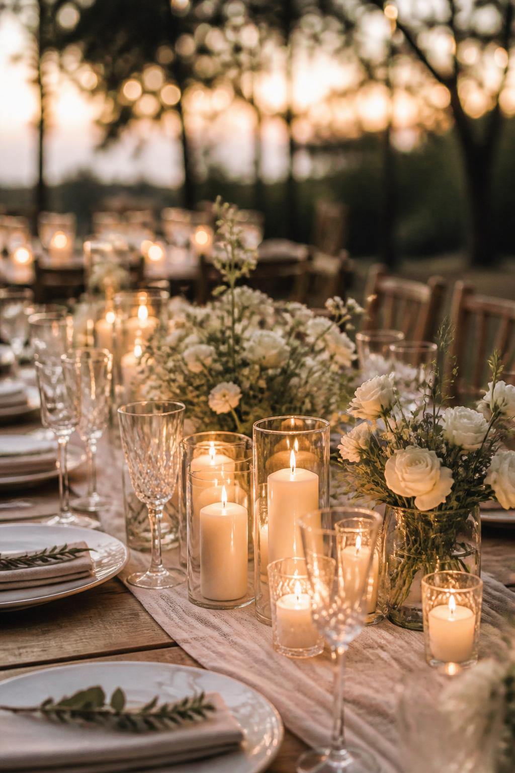 Image Prompt:
A romantic wedding picnic table photo showing clustered candles in different heights, including glass votives and small pillar candles, paired with soft white flowers, greenery, linen runner, white plates, and clear glassware. Outdoor evening wedding reception setting with warm light, no visible faces, no text, no watermark, realistic DSLR editorial photography, (no watermarks on images)