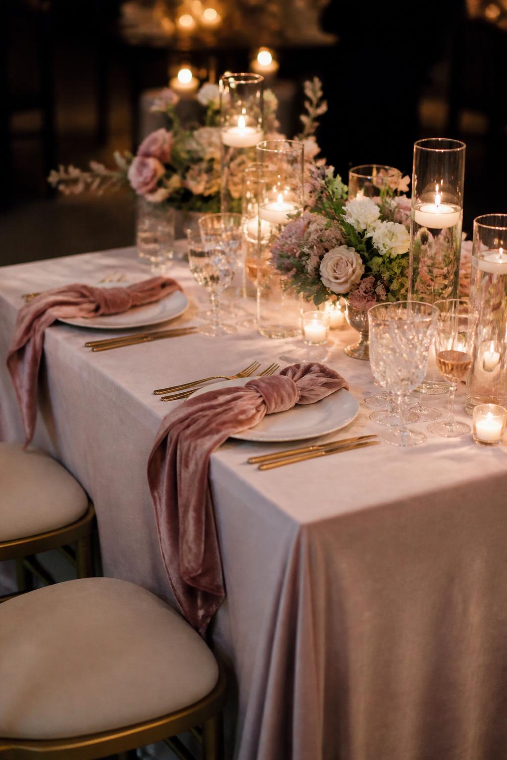 Image Prompt:
An elegant sweetheart table with soft velvet napkins in dusty rose, sage, or terracotta tones, paired with clustered candles in glass holders, low floral arrangements, white plates, and crystal glasses. Warm intimate reception setting, no visible faces, no full people, realistic wedding magazine photography, no text, (no watermarks on images)