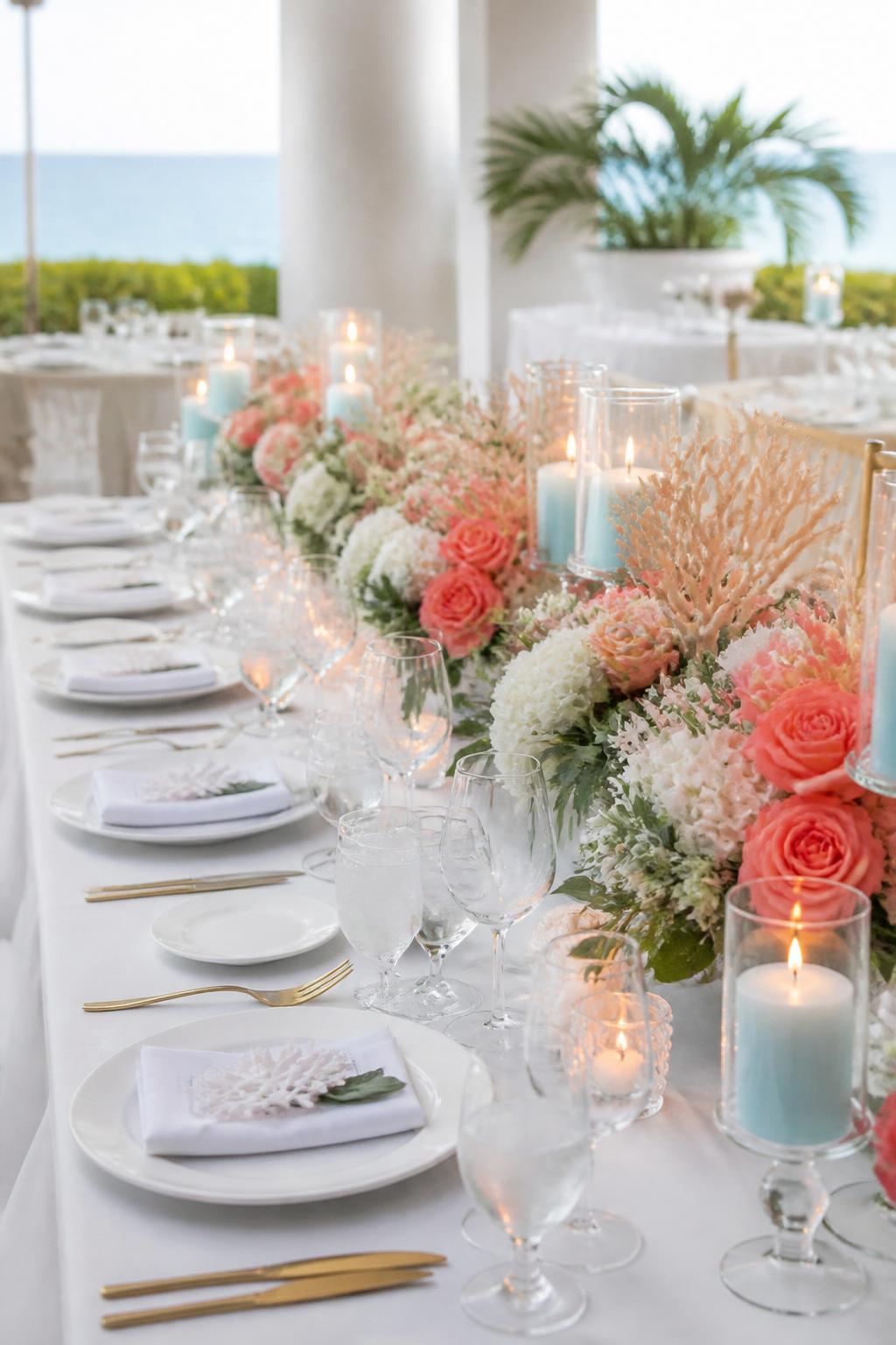 Image Prompt:
A fresh coastal wedding table photo showing coral and white floral centerpieces, soft greenery, white linen, white plates, clear glassware, gold flatware, and pale blue candle accents. Bright seaside resort reception setting, no visible faces, no text, no watermark, realistic editorial wedding photography, (no watermarks on images)