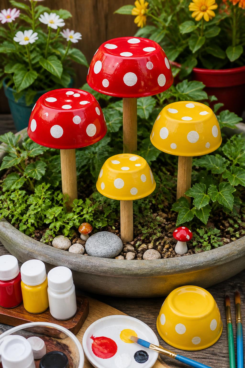 Detailed Image Prompt:
A whimsical summer garden craft photo showing Dollar Tree plastic bowls turned into mushroom garden decor, red and yellow bowls with white painted spots placed upside down on short wooden stakes, styled in a planter with greenery and small stones, craft paints and brushes nearby, playful budget garden decor style, no people, no faces, no readable text, no watermark on images.