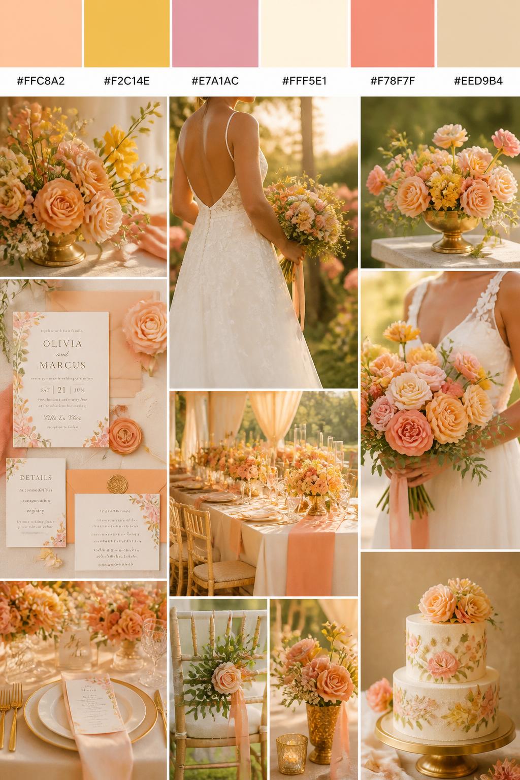 A realistic wedding inspiration collage with a top color strip showing hex-coded swatches in apricot, golden yellow, rose pink, cream, soft coral, and warm beige. Below the palette strip, create a realistic wedding mood board with golden flowers, rose-toned blooms, cream table linens, invitation flat lays, cropped dress detail shots, hands holding a bouquet, and no-people decor scenes in warm sunset light. Use back views, side views, shoulder-down crops, and detail-only shots so no full faces are visible. The mood should feel bright, soft, cheerful, and romantic with DSLR-style realism. 9:16 vertical format. (no watermarks on images)