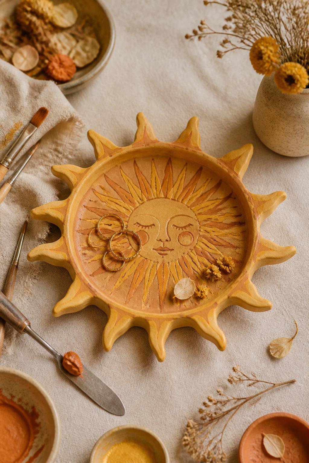 Detailed Image Prompt:
A warm editorial craft photo of a handmade clay sun trinket dish, round air-dry clay dish with small sun rays around the edge, painted in soft gold, yellow, and terracotta tones, holding tiny rings and flower petals, placed on a linen-covered table with paintbrushes, clay tools, and dried flowers nearby, elegant handmade summer solstice decor style, no people, no faces, no readable text, no watermark on images.