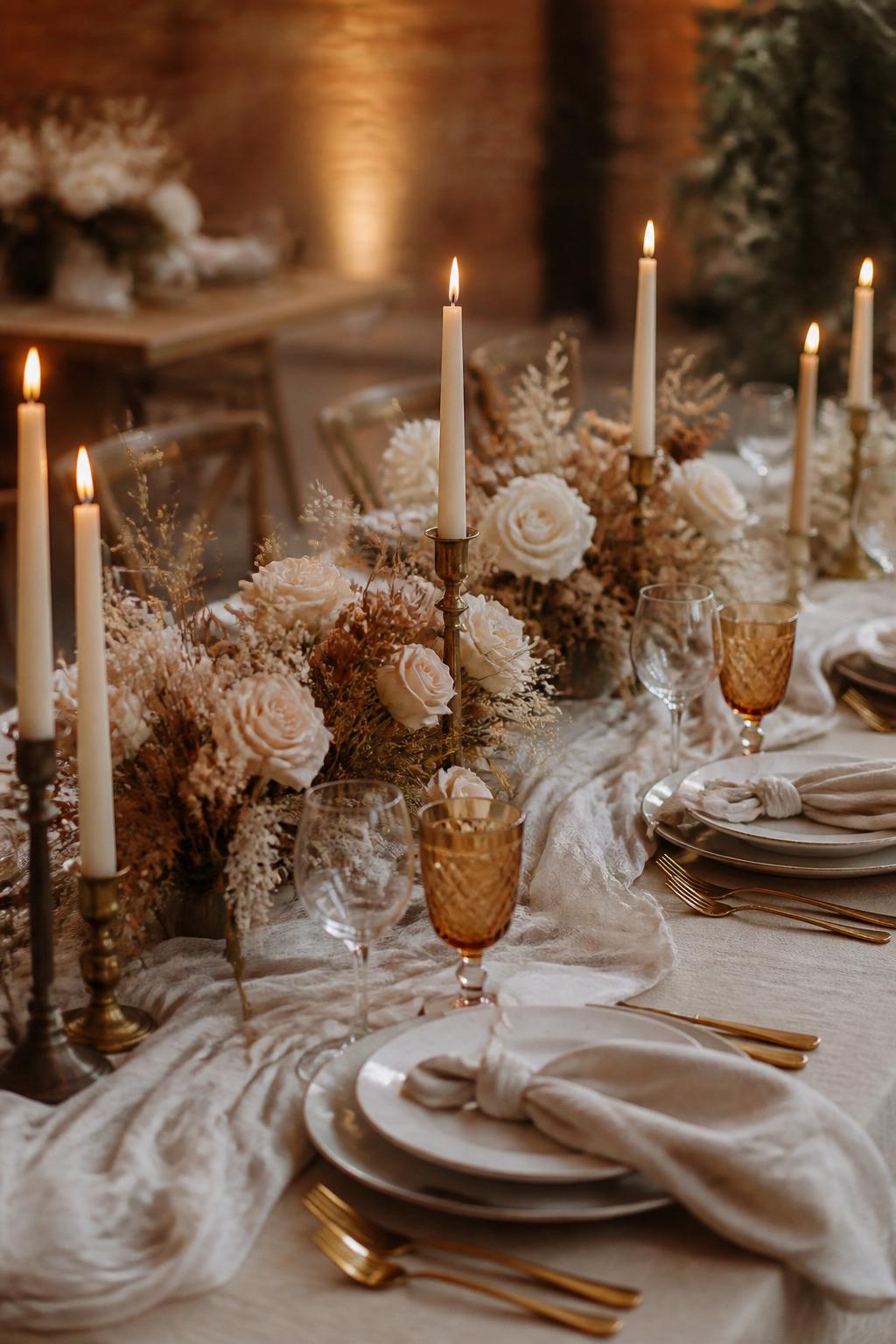 Image Prompt:
A romantic boho wedding table image showing soft draped linen, taper candles in mixed brass holders, low neutral floral arrangements, white plates, gold flatware, and amber or clear glassware. Warm reception setting with soft natural light, no visible faces, no text, no watermark, realistic DSLR wedding photography, (no watermarks on images)