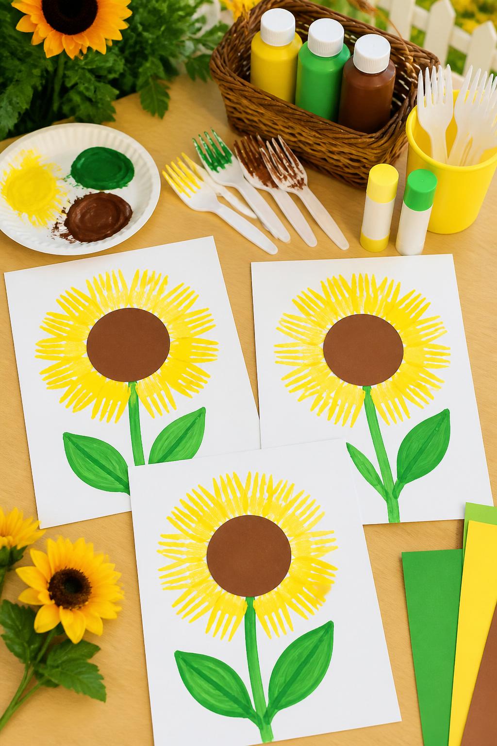 Detailed Image Prompt:
A cute daycare art photo showing sunflower paintings made with plastic fork prints, yellow fork-stamped petals around brown paper centers, green stems and leaves painted below, washable paint, plastic forks, glue sticks, and cardstock nearby, bright summer garden theme, clean classroom craft table, no people, no faces, no readable text, no watermark on images.