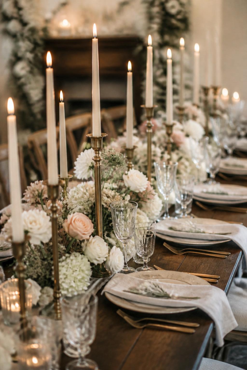 Image Prompt:
A romantic editorial wedding table image showing antique brass candlesticks in mixed heights running down the center of a long table, paired with ivory taper candles, soft white flowers, blush blooms, crystal glasses, linen napkins, and elegant plates. Warm vintage reception setting, no visible faces, no text, no watermark, professional DSLR wedding photography, (no watermarks on images)