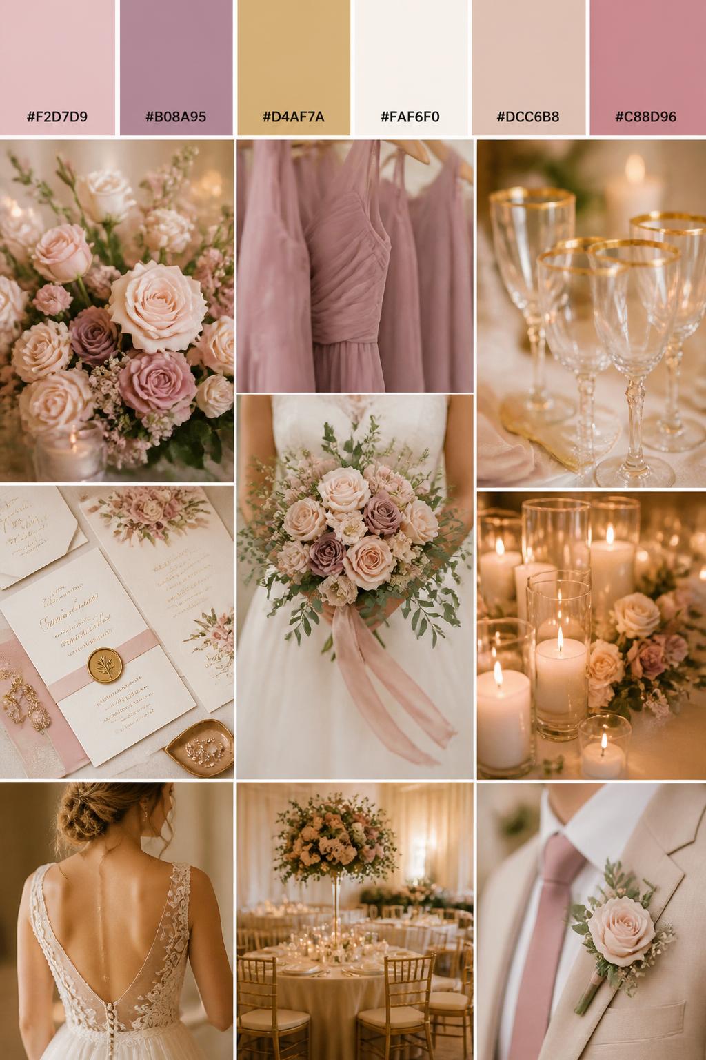 A realistic wedding color mood board in a vertical collage style. Add a top strip of palette swatches with hex codes in blush pink, mauve, soft gold, ivory, warm nude, and dusty rose. Below, show realistic wedding details like blush flowers, mauve bridesmaid dress fabric, gold-rimmed glassware, romantic candles, elegant invitations, a bouquet held in front of the body with no face shown, back-view bridal detail shots, and a warm no-people reception scene. Use no clear faces, with a mix of cropped body details, hands-only shots, and no-people styling scenes. The look should feel soft, elegant, romantic, and polished with DSLR realism. 9:16 vertical format. (no watermarks on images)