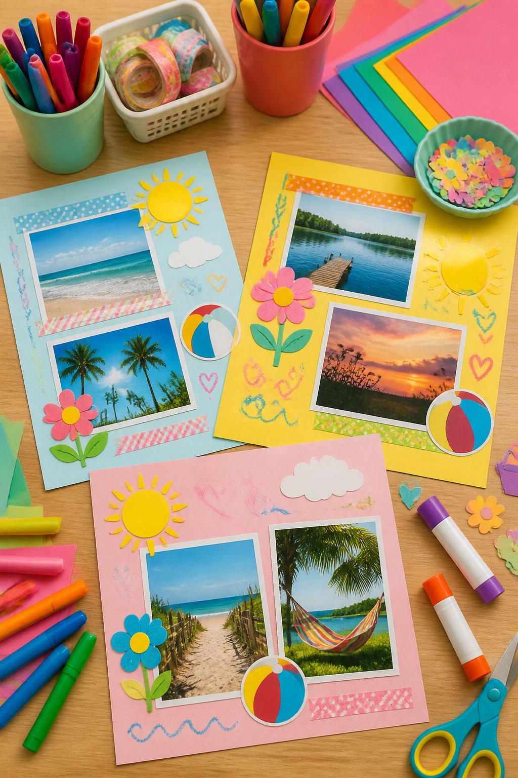 Detailed Image Prompt:
A sweet kids’ craft photo showing end-of-summer scrapbook pages, colorful cardstock sheets decorated with mini printed photos, paper suns, flowers, beach balls, stickers, washi tape, and crayon doodles, arranged on a tidy craft table with glue sticks and markers nearby, bright memory-keeping style, no children, no faces, no readable text, no watermark on images.