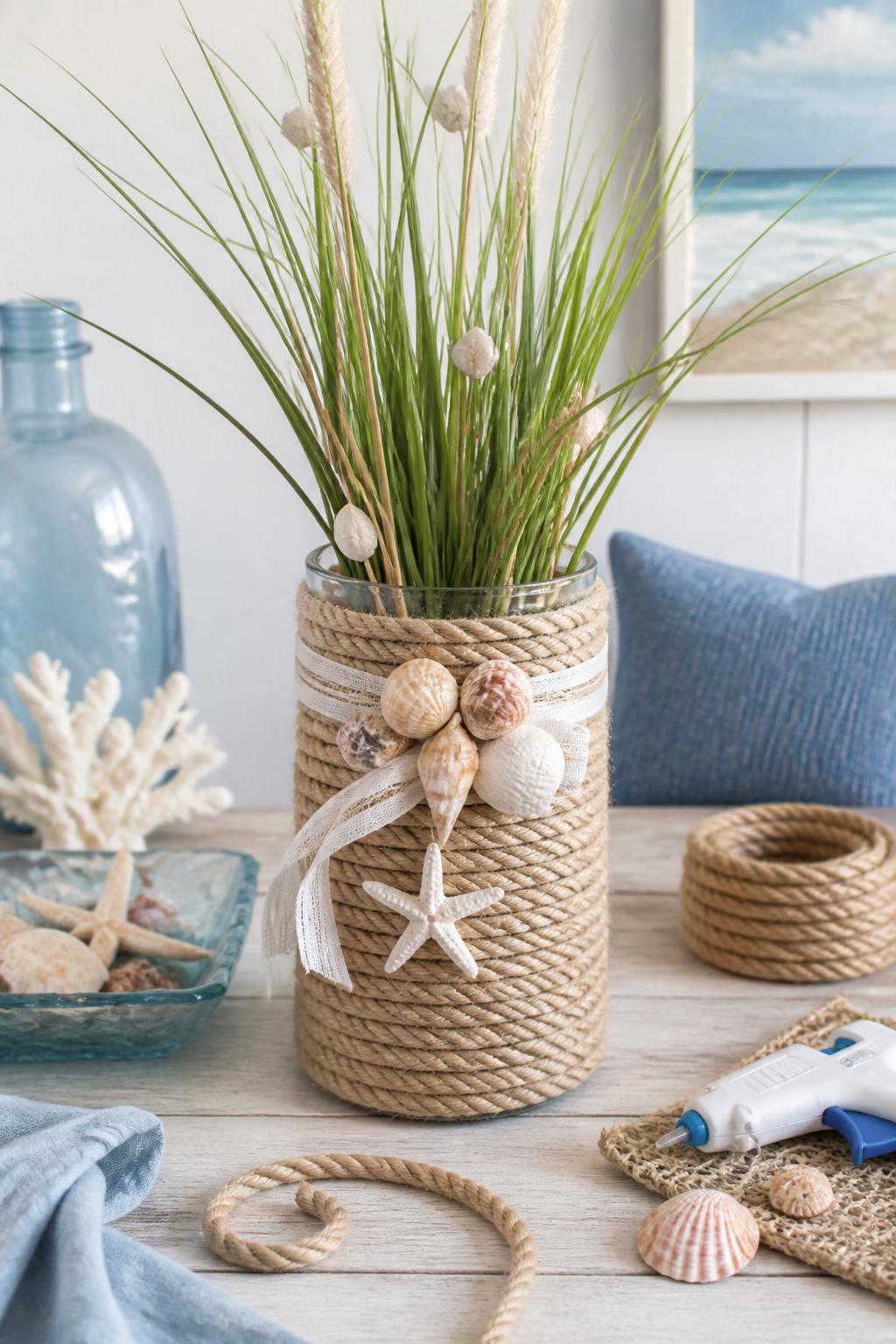 Detailed Image Prompt:
A clean coastal summer craft photo showing a Dollar Tree glass vase wrapped with nautical rope, decorated with small shells, white ribbon, and faux beach grass, placed on a light wood table beside soft blue decor accents, extra rope and glue supplies nearby, simple beach house styling, no people, no faces, no readable text, no watermark on images.
