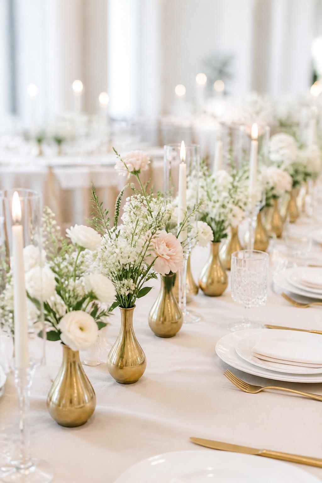 Image Prompt:
A clean wedding reception table showing a neat line of small gold bud vases, each filled with white flowers, blush blooms, or soft greenery. Add ivory linen, white plates, crystal glasses, slim candles, and polished gold flatware. Bright elegant reception setting, no visible faces, no text, no watermark, realistic editorial photography, (no watermarks on images)