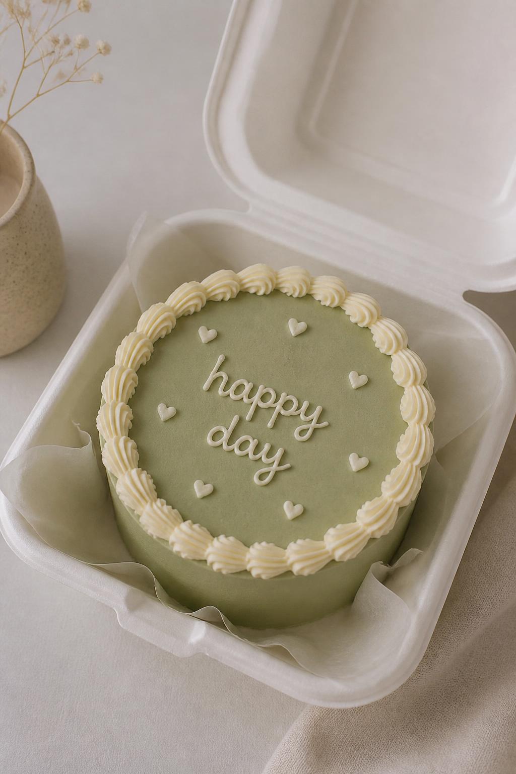 Image Prompt:
A lovely minimal sage green bento cake inside an open white bento cake box, smooth sage green buttercream frosting, neat cream piped border, short handwritten icing text that says “happy day,” tiny white heart details, clean modern styling, soft natural light, neutral pastel background, editorial bakery photography, realistic dessert styling, no people, no hands, no faces, no watermarks on images
