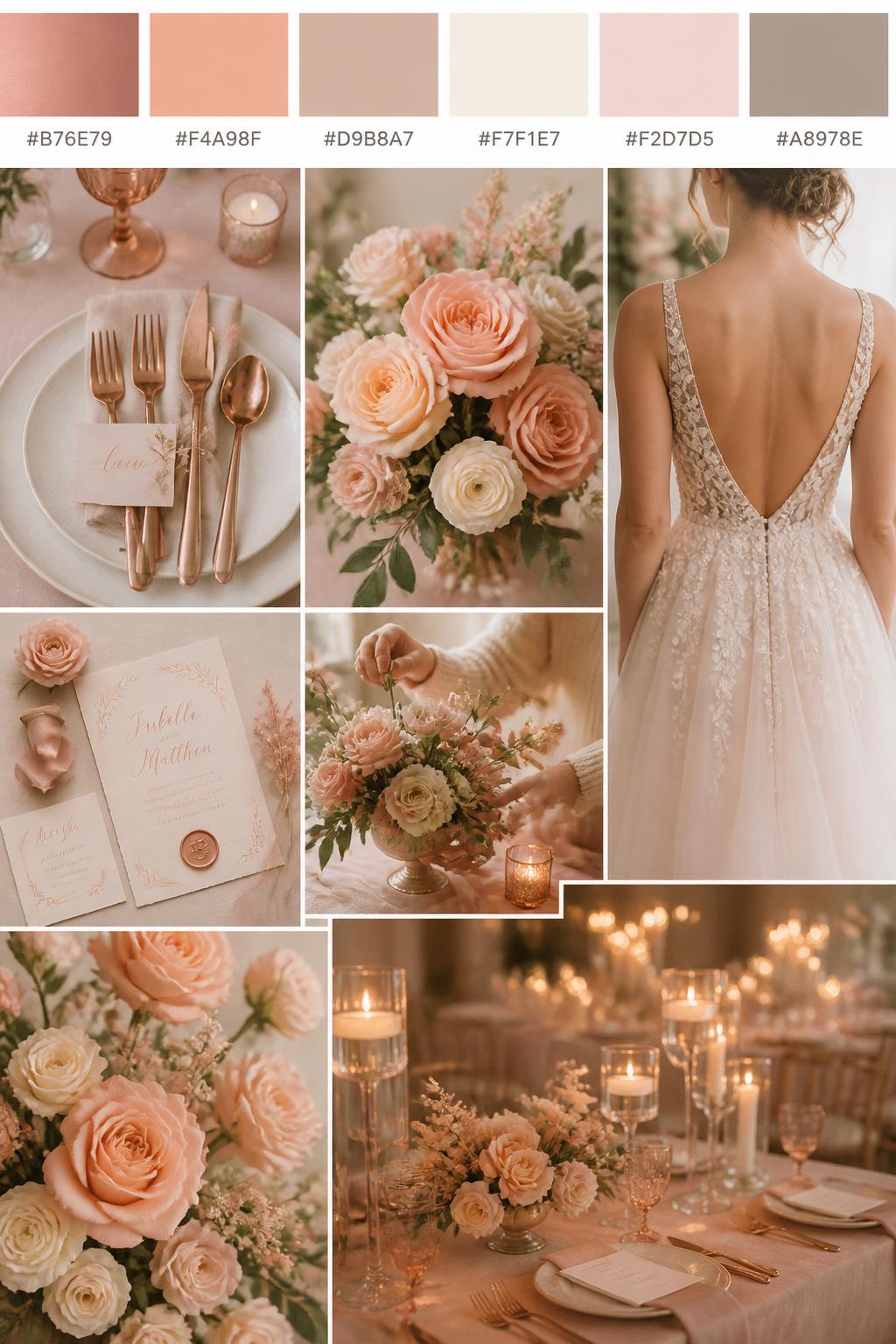 A realistic wedding inspiration mood board with a top strip of swatches and hex codes in rose gold, peach, warm nude, ivory, soft blush, and muted taupe. Below, create a polished collage with rose gold flatware, peach-toned flowers, nude table linens, elegant stationery, silk ribbon, a cropped dress shot from below the chin, hands arranging flowers, and candlelit reception decor. Use a mix of no-people flat lays, bouquet close-ups, back-view styling, and side-angle detail photos with no visible full faces. The mood should feel soft, elegant, glowy, and feminine with realistic DSLR photo quality. 9:16 vertical format. (no watermarks on images)
