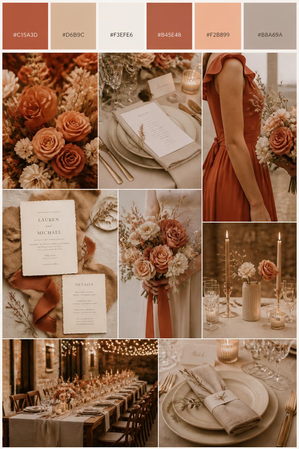 A realistic wedding mood board in a Pinterest-style collage layout. Add a top strip of swatches with small hex codes in terracotta, beige, ivory, clay, warm peach, and soft taupe. Below, create a romantic elegant collage with terracotta flowers, beige linens, ivory table decor, menu cards, bouquet close-ups, a side-view body detail of a bridesmaid dress with no face shown, hands holding flowers, and no-people reception styling under soft candlelight. Avoid clear faces completely by using cropped, turned-away, or detail-only compositions. DSLR-style realism, 9:16 vertical format. (no watermarks on images)