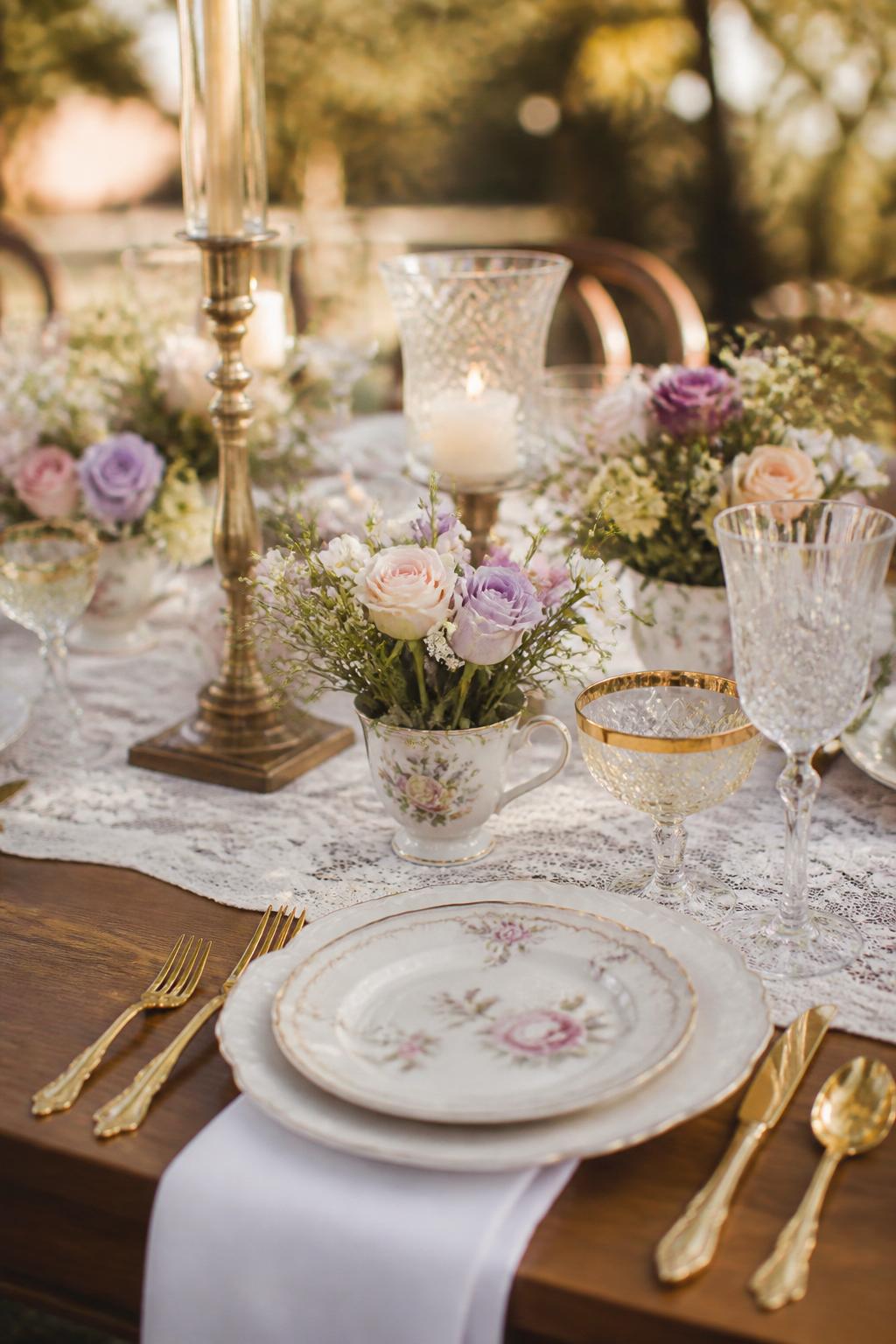 Image Prompt:
A pretty vintage wedding table styled with delicate floral teacups used as mini vases, filled with small blush, ivory, and lavender flowers. Add lace runner, gold flatware, white plates, crystal glasses, and warm romantic lighting. Garden or tea party-inspired wedding setting, no visible faces, no text, no watermark, realistic DSLR editorial photography, (no watermarks on images)