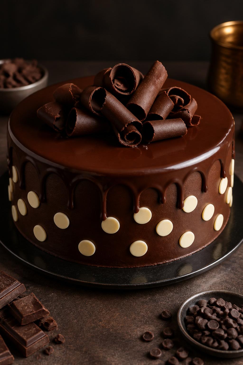 Detailed Image Prompt:
A rich chocolate cake with smooth chocolate ganache frosting, white chocolate polka dots around the sides, glossy drip detail, chocolate curls on top, styled on a dark dessert table with warm lighting, realistic editorial cake photography, no people, high-detail ganache texture, no watermarks on images.