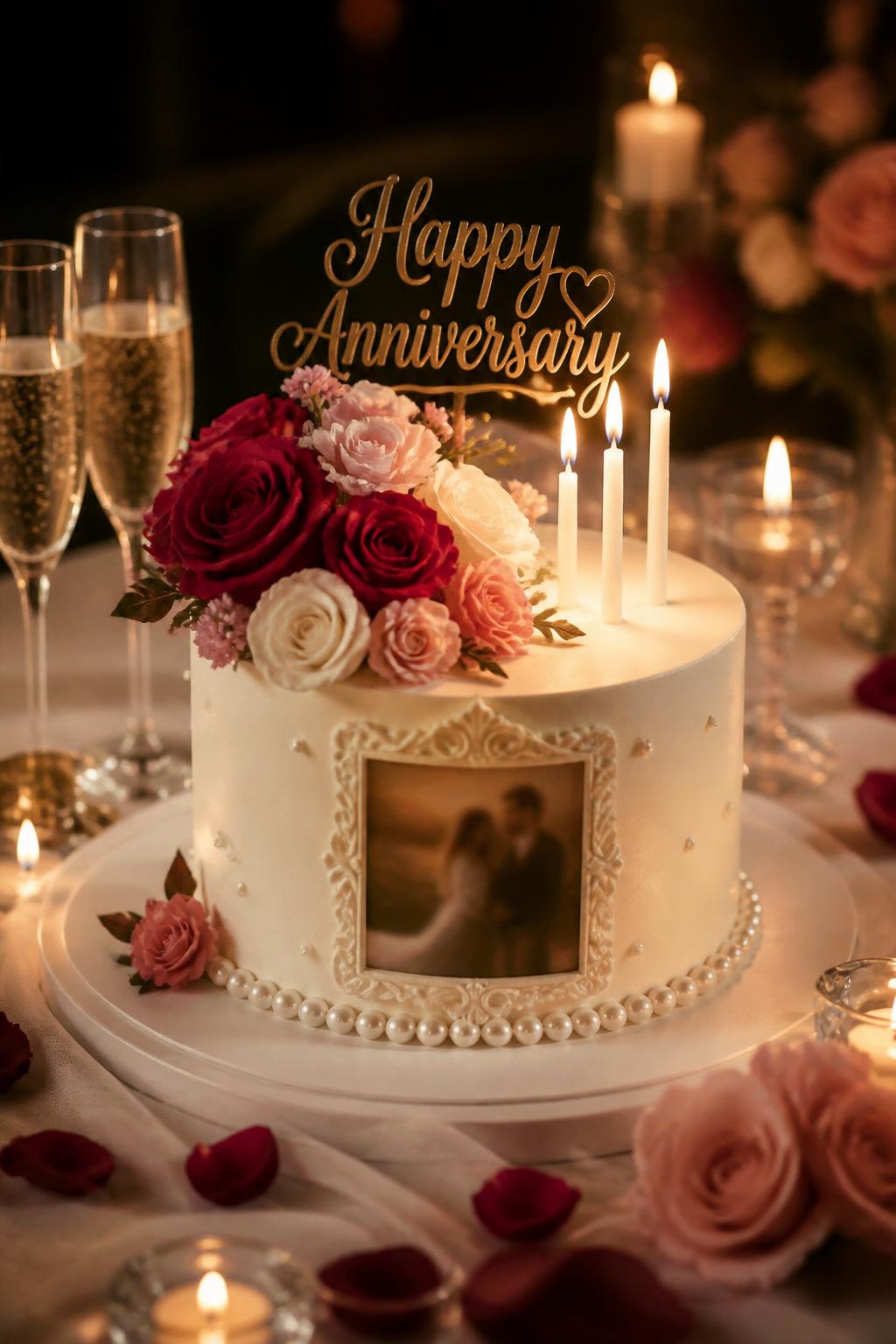 Image Prompt: A romantic anniversary cake with smooth ivory buttercream, one tasteful edible photo frame on the front, slim white candles, pearl borders, soft red and blush flowers, and a warm anniversary topper. Style it on an intimate evening dessert table with glowing candles, champagne glasses, rose petals, and soft shadows. Make the photo softly blurred with no clear visible faces, realistic, emotional, no people, no faces, no watermark. (no watermarks on images)