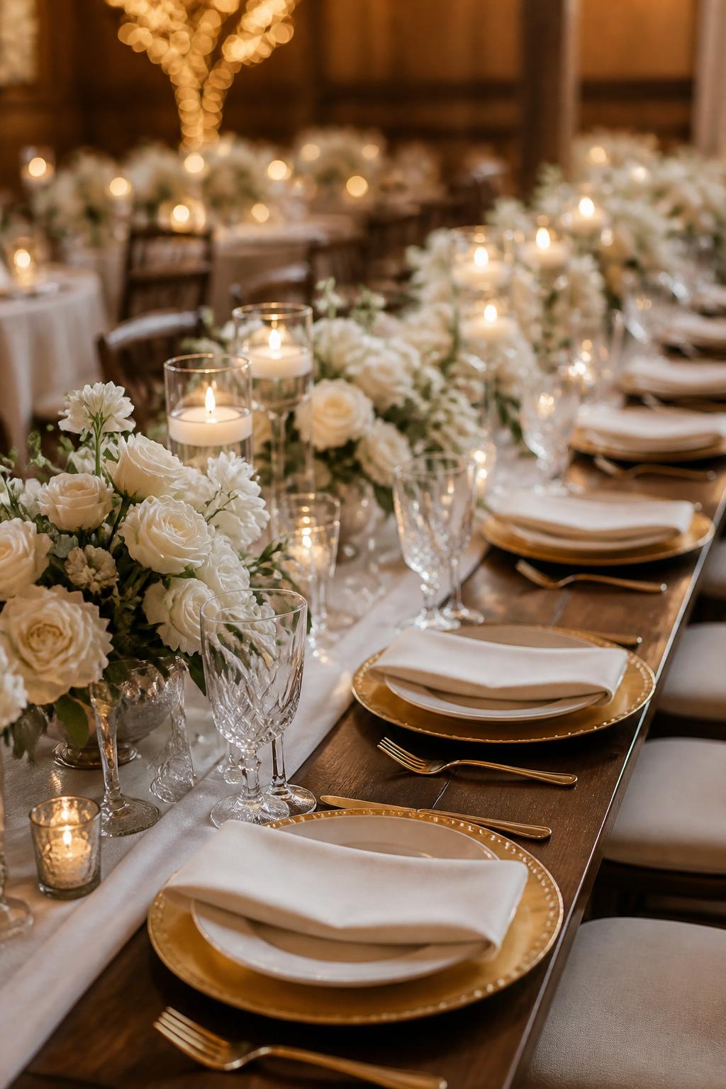 A refined wedding table photo showing a long wooden table styled with gold chargers, white plates, folded ivory napkins, crystal glasses, low white floral arrangements, and soft candlelight. Elegant reception setting with no visible faces, no text, no watermark, realistic DSLR editorial photography, (no watermarks on images)