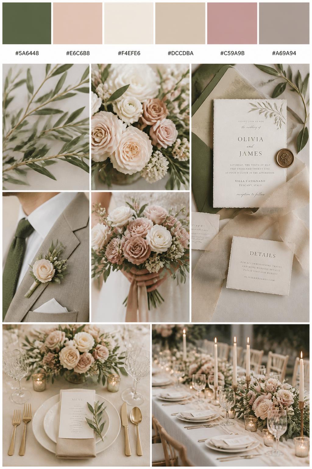 A realistic wedding mood board with a top strip of color swatches and small hex codes in olive green, blushed nude, cream, warm beige, dusty rose, and soft taupe. Below, show a polished collage of wedding details: olive greenery, nude-toned flowers, cream table decor, elegant invitations, a cropped groom suit detail with boutonniere and no face visible, hands holding a bouquet, and a no-people reception table with candles and soft floral centerpieces. Keep the collage polished and airy with DSLR-style realism. Use no clear faces, with side angles, back views, detail-only shots, and no-people scenes. 9:16 vertical format. (no watermarks on images)