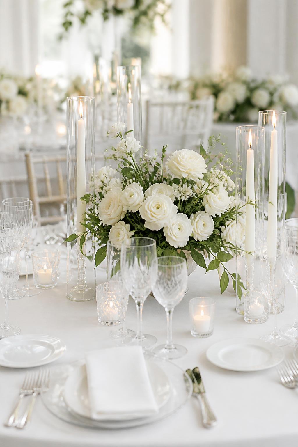 Image Prompt:
A minimal elegant wedding table styled with crisp white linen, clear glass candle holders, white flowers, soft greenery, white plates, clear crystal glasses, and simple polished flatware. Bright refined reception setting, no visible faces, no text, no watermark, realistic editorial wedding photography, (no watermarks on images)