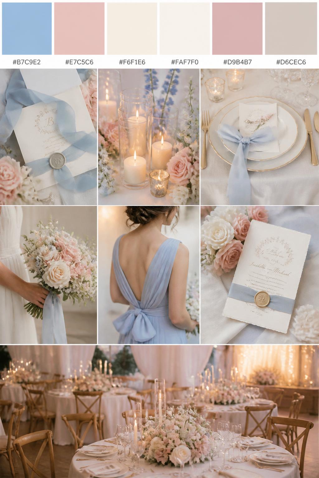 A realistic Pinterest-style wedding palette board with a top row of swatches and hex codes in powder blue, blush pink, cream, ivory, soft rose, and pale taupe. Below the swatches, create a soft wedding collage with powder blue ribbon, blush flowers, cream candles, elegant place settings, romantic stationery, a side-view bouquet shot, a bridesmaid dress detail cropped below the shoulders, and a no-people reception tablescape under warm light. Use varied no-face compositions, including hands-only details, back-view styling, side-view crops, and no-people decor scenes. DSLR photo realism, 9:16 vertical format. (no watermarks on images)