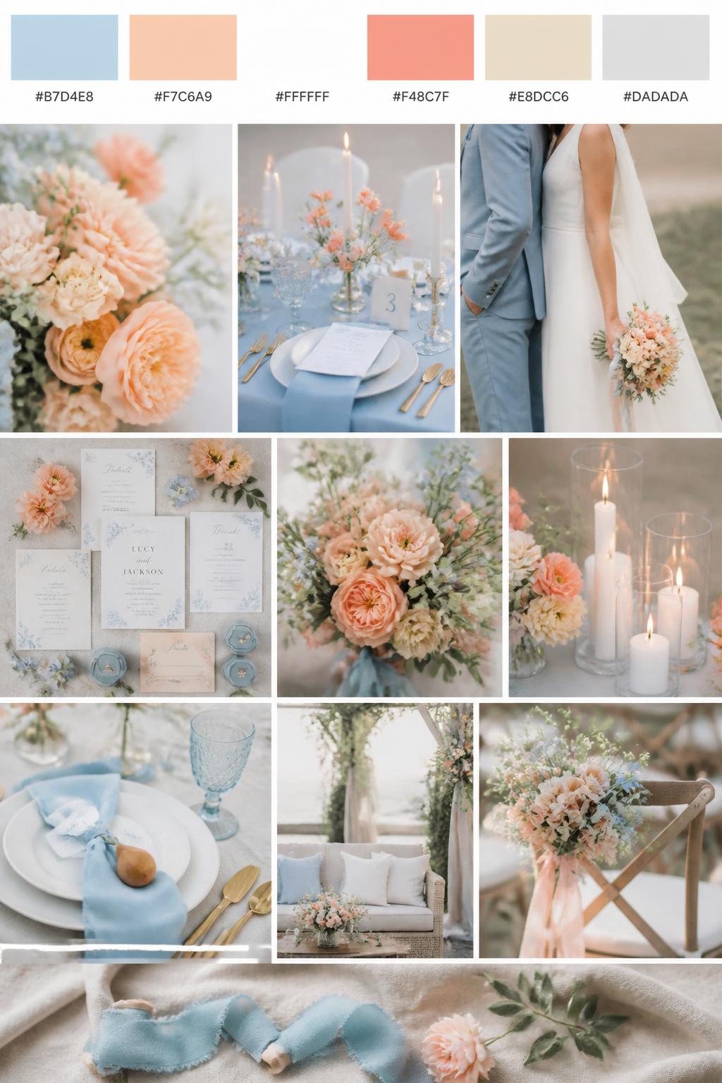A realistic wedding palette mood board in a polished Pinterest collage layout. Include a top strip of color swatches with hex codes in sky blue, peach, white, soft coral, warm sand, and pale gray. Below, show a fresh collage with peach flowers, sky blue table details, white candles, invitation flat lays, soft linen textures, a side-view cropped couple shot with no faces visible, bouquet close-ups, and softly lit decor scenes. Keep variety in the compositions with no full faces, using back views, hands-only images, and no-people styling scenes. The mood should feel airy, sweet, and romantic with real DSLR photo quality. 9:16 vertical format. (no watermarks on images)