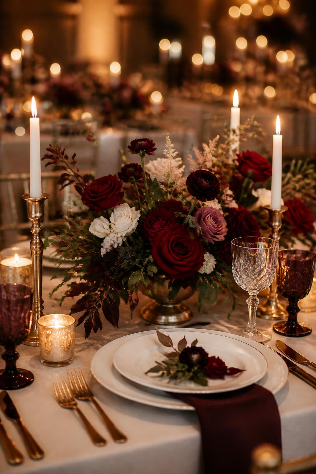Image Prompt:
A romantic autumn wedding table photo showing deep burgundy flowers, red roses, plum ranunculus, ivory blooms, dark greenery, gold candle holders, ivory candles, white plates, gold flatware, and crystal glasses. Elegant evening reception setting, no visible faces, no text, no watermark, realistic DSLR editorial photography, (no watermarks on images)