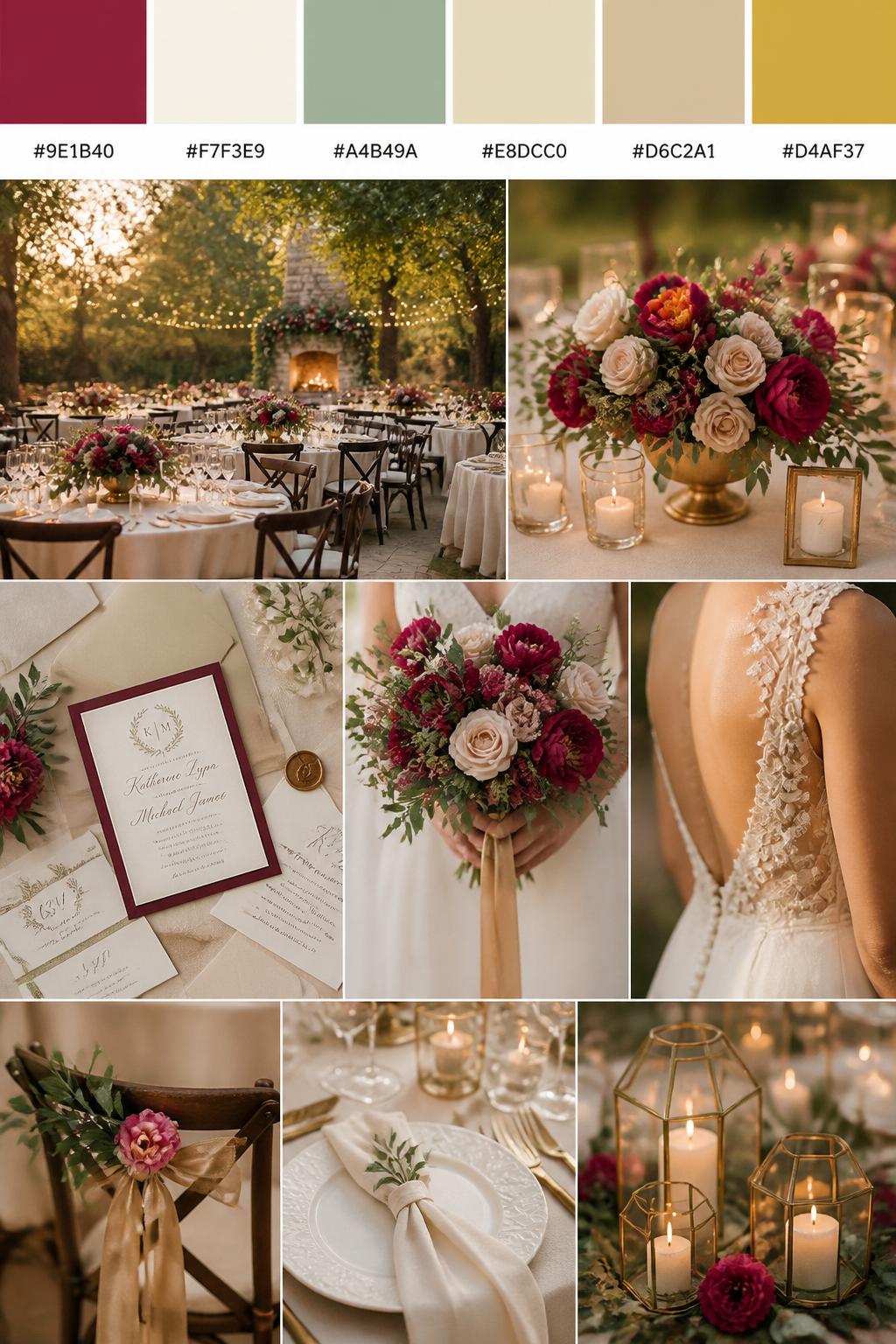 Image Prompt:
A realistic wedding inspiration collage with a top color strip showing hex-coded swatches in raspberry, ivory, sage green, champagne, warm beige, and soft gold. Below the palette strip, create a realistic wedding mood board with an outdoor reception scene, raspberry floral centerpieces, ivory linens, greenery, candlelight, invitation flat lays, cropped dress detail shots, hands holding a bouquet, and no-people decor scenes in soft golden light. Use back views, side views, shoulder-down crops, and detail-only shots so no full faces are visible. The mood should feel warm, romantic, and beautifully polished with DSLR-style realism. 9:16 vertical format. (no watermarks on images)