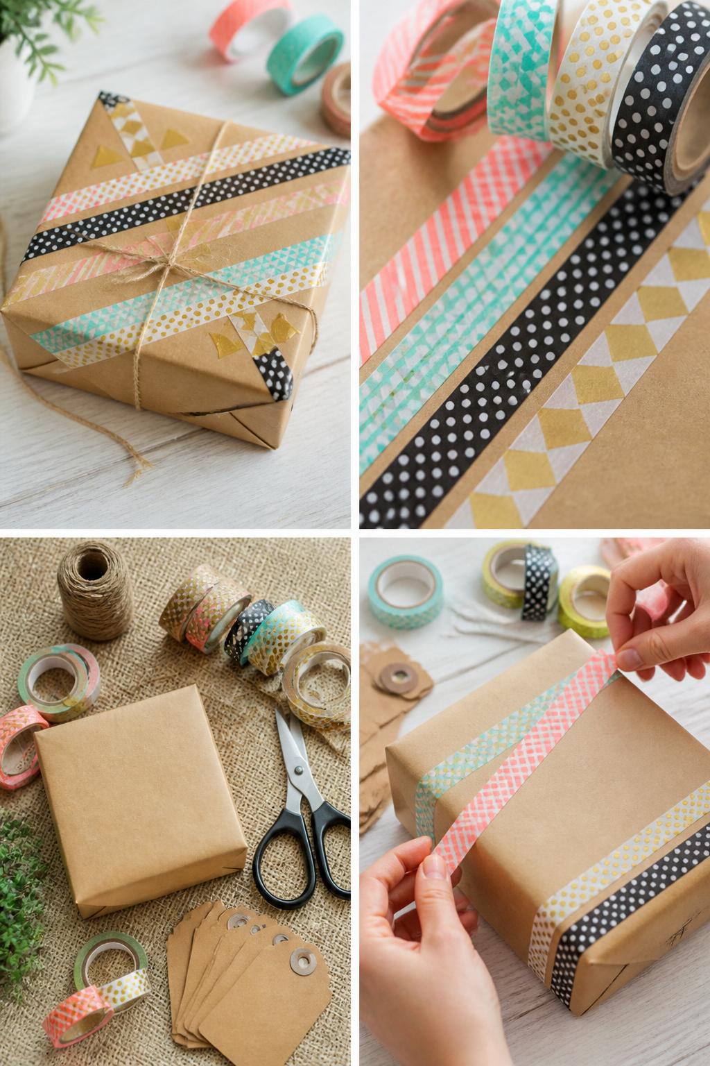 Detailed Image Prompt:
A realistic editorial 2x2 collage grid showing a washi tape gift wrap technique, top-left finished kraft paper gift decorated with washi tape stripes, corners, and small geometric patterns, top-right close-up of colorful washi tape edges and paper texture, bottom-left flat lay of kraft wrapped box, washi tape rolls, scissors, twine, and gift tags, bottom-right cropped hands placing washi tape diagonally across a gift box, playful gift wrapping craft table, no faces, no text, no watermark on images.