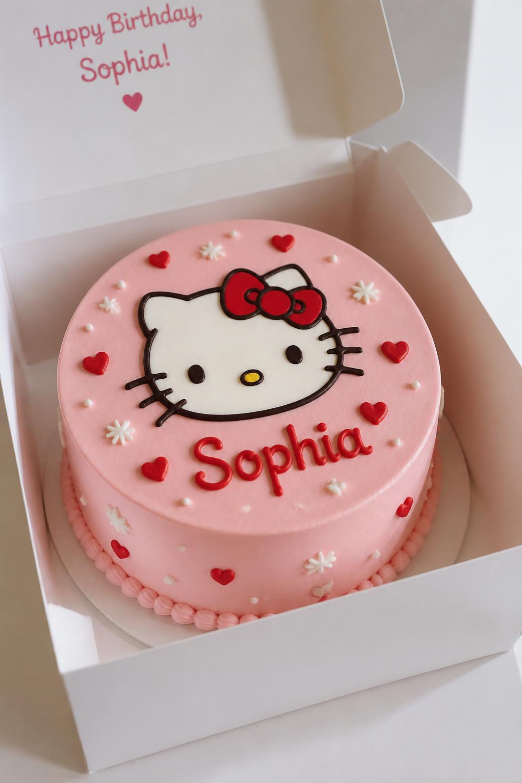 Image Prompt:
A personalized Hello Kitty themed bento cake inside an open white cake box, smooth pale pink frosting, small Hello Kitty face design with red bow at the top, a first name written clearly in white or red icing below, tiny heart and star accents, clean custom birthday styling, realistic close-up bakery photo, no people, no hands, no faces, no watermarks on images